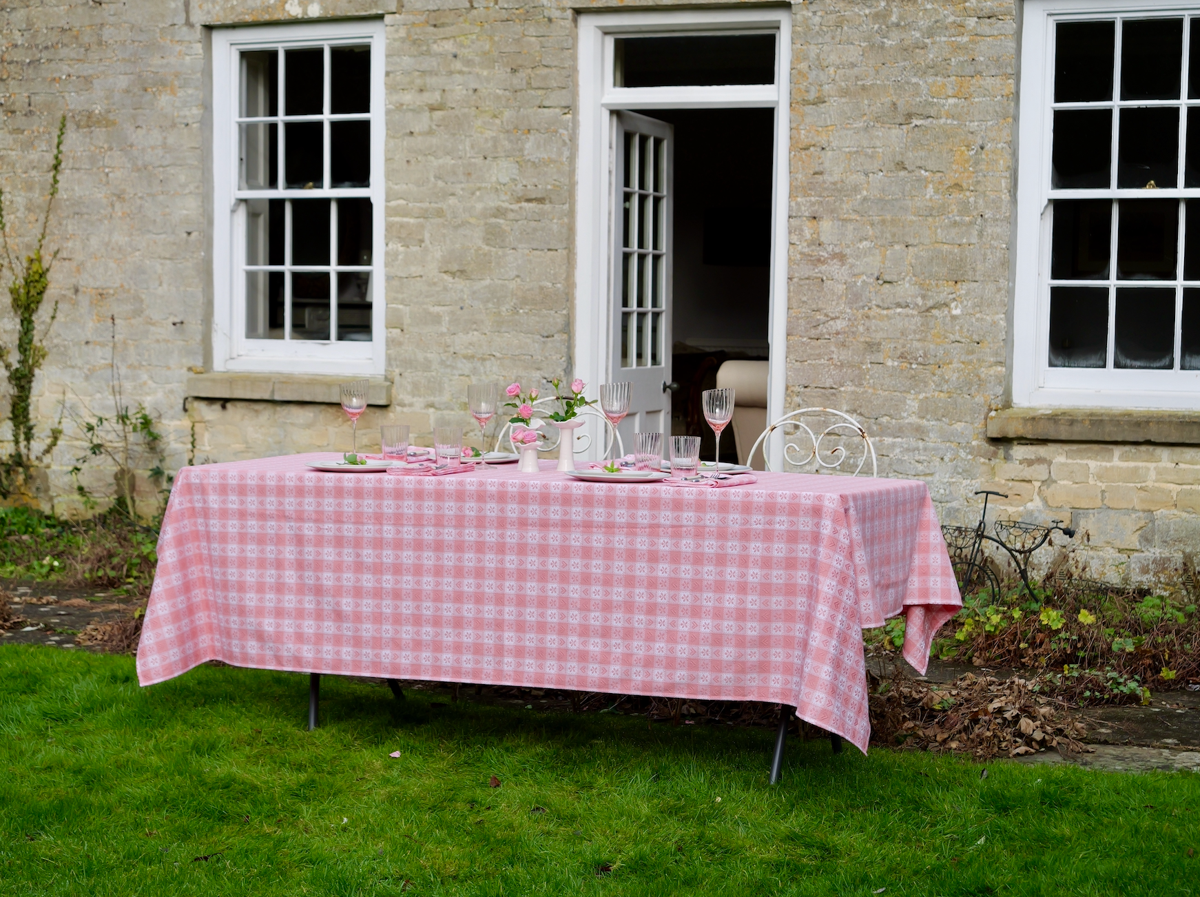 Pink Alpine Chalet Cotton Gingham Tablecloth, Italian Cotton, 230 x 150cm