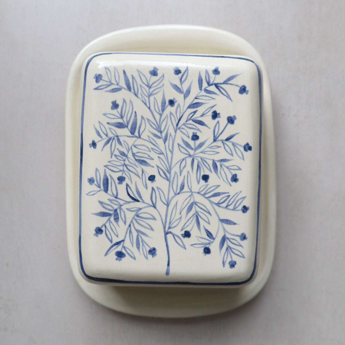 Hand Painted Pomegranate Tree Butter Dish - Blue