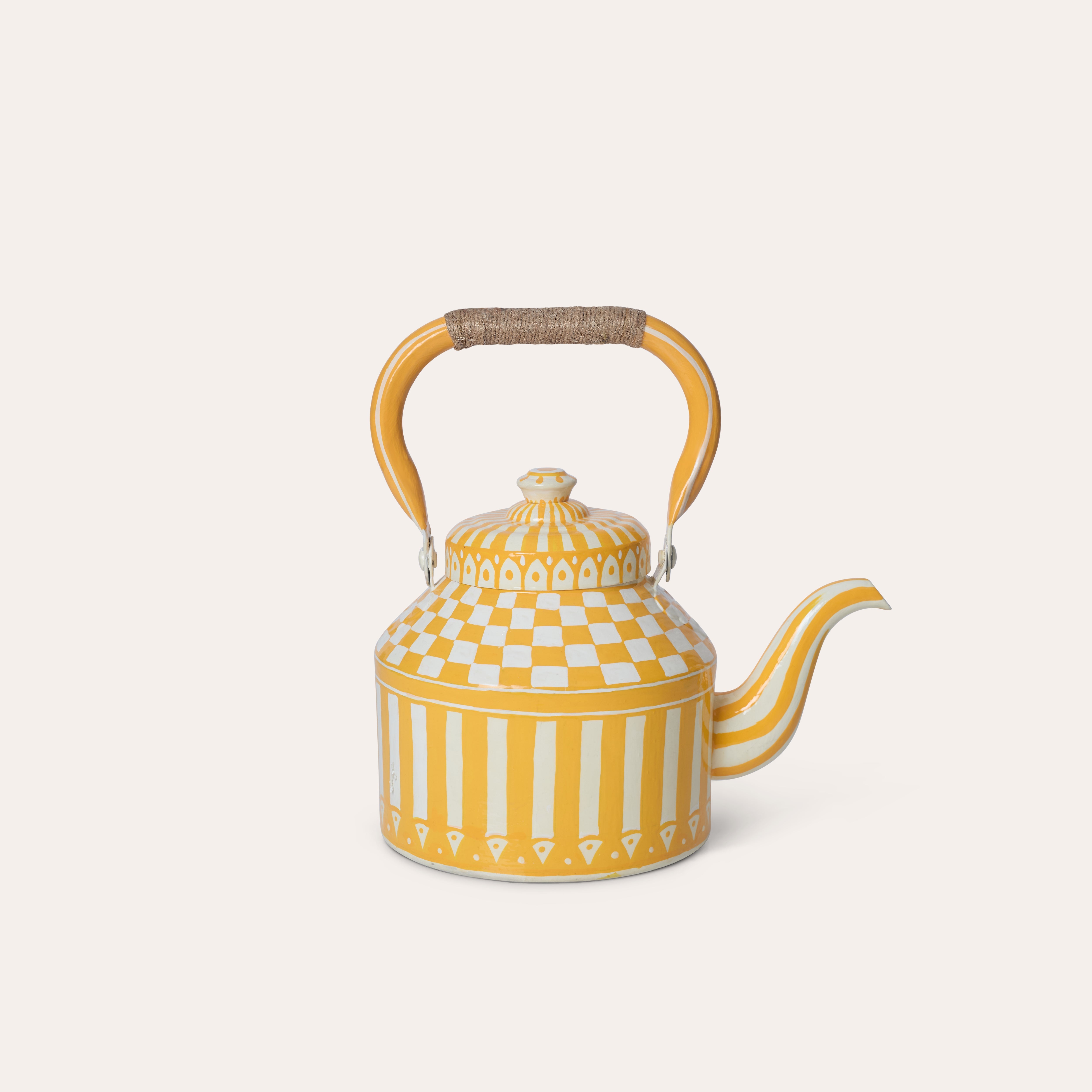 Hand Painted Tea Kettle | Yellow and White | Striped