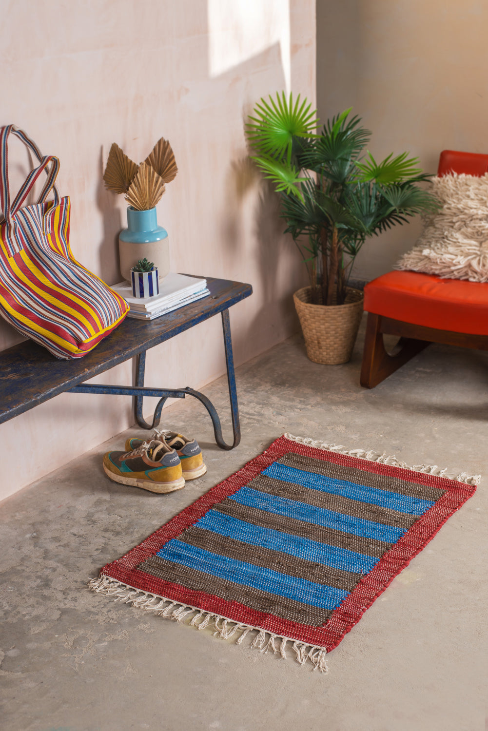 Blue & Brown Striped Small Recycled Rug