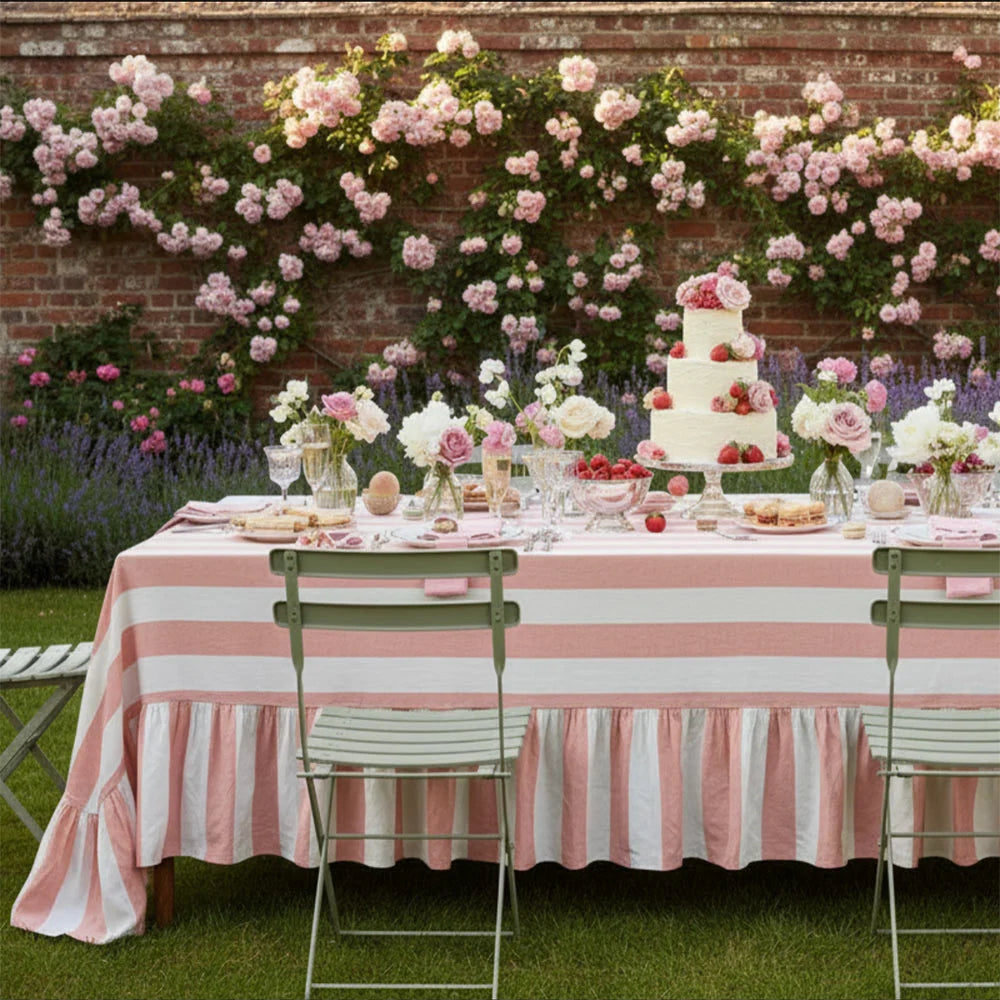 Pink Riviera Striped Ruffle Edge Tablecloth