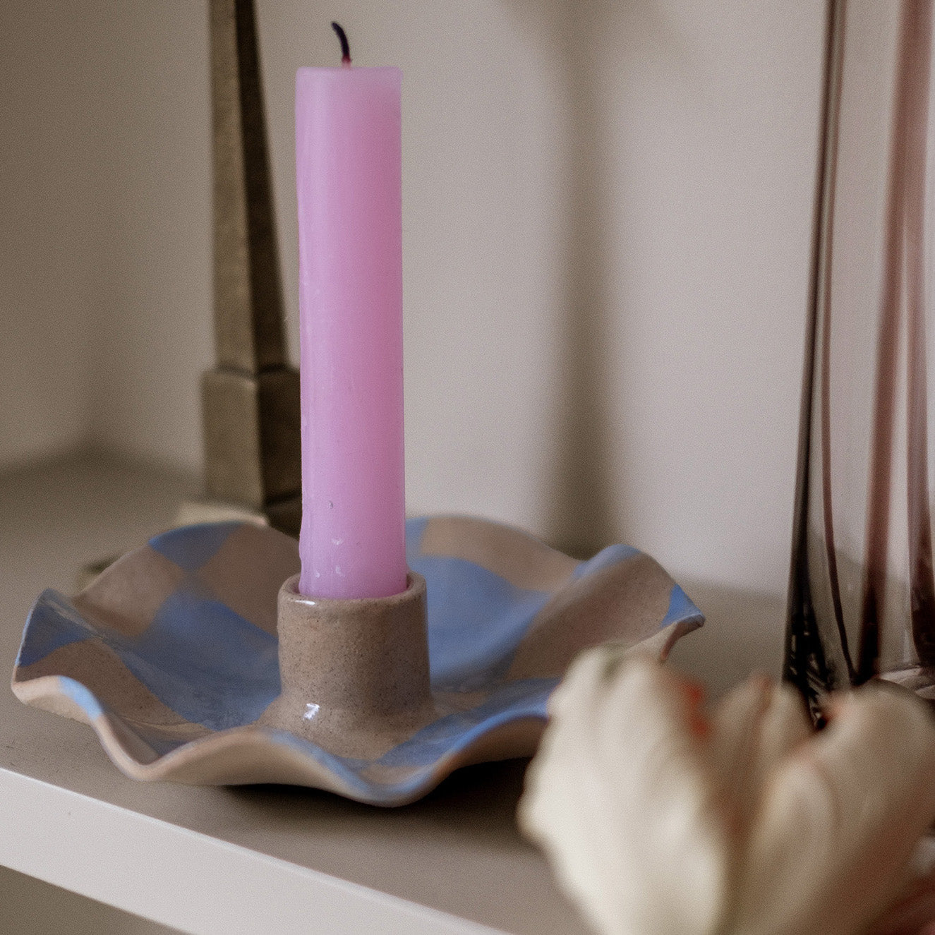 Baby Blue Check Scalloped Candle Holders