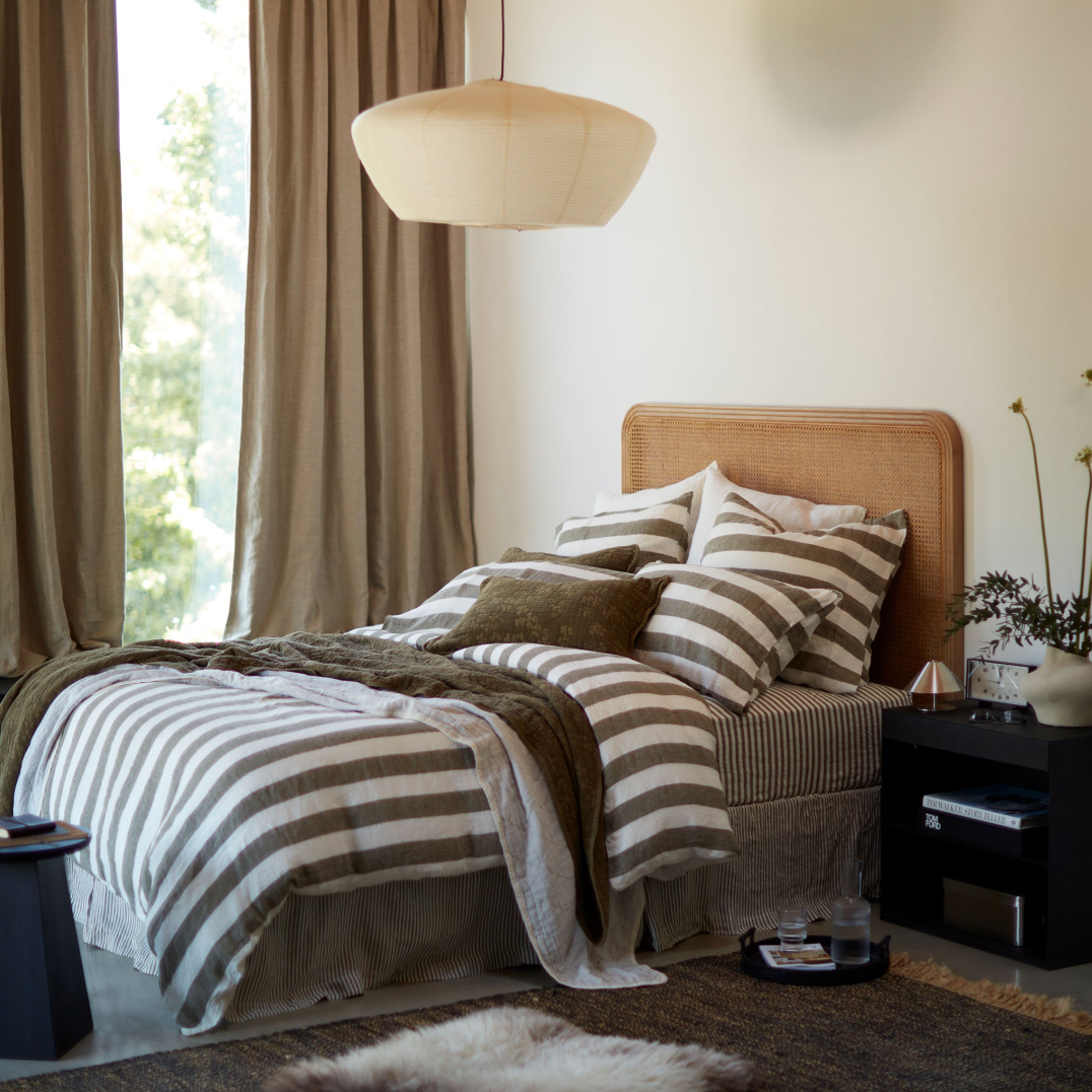 Dark Olive Cora Stripe 100% Linen Duvet Cover