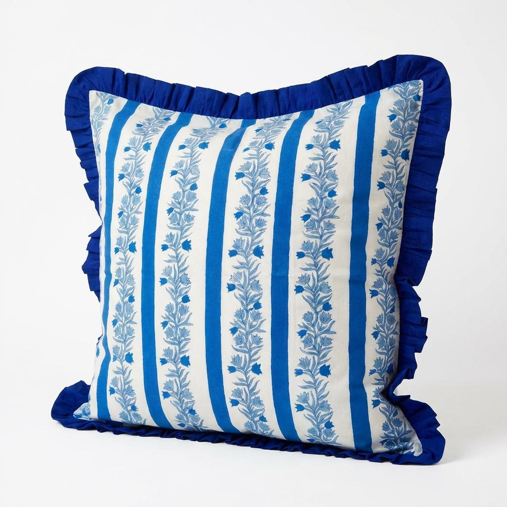Large Blue Floral Stripe Reversible Cushion Cover