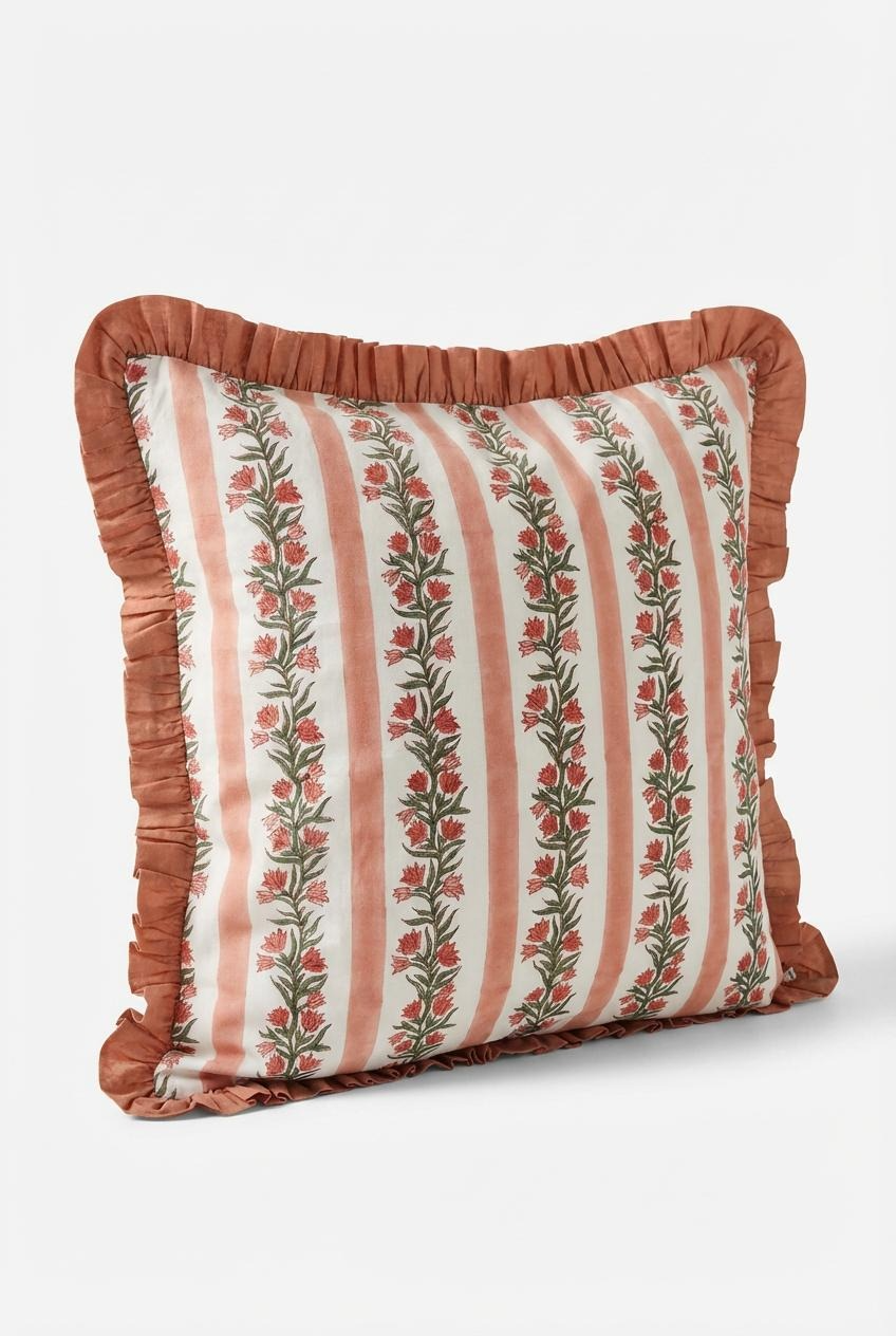 Large Terracotta Pink Floral and Stripe Reversible Cushion Cover