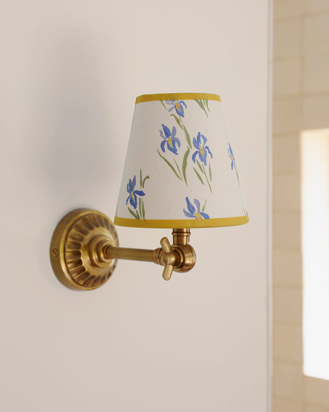 Iris, calico candle lampshade, yellow trim