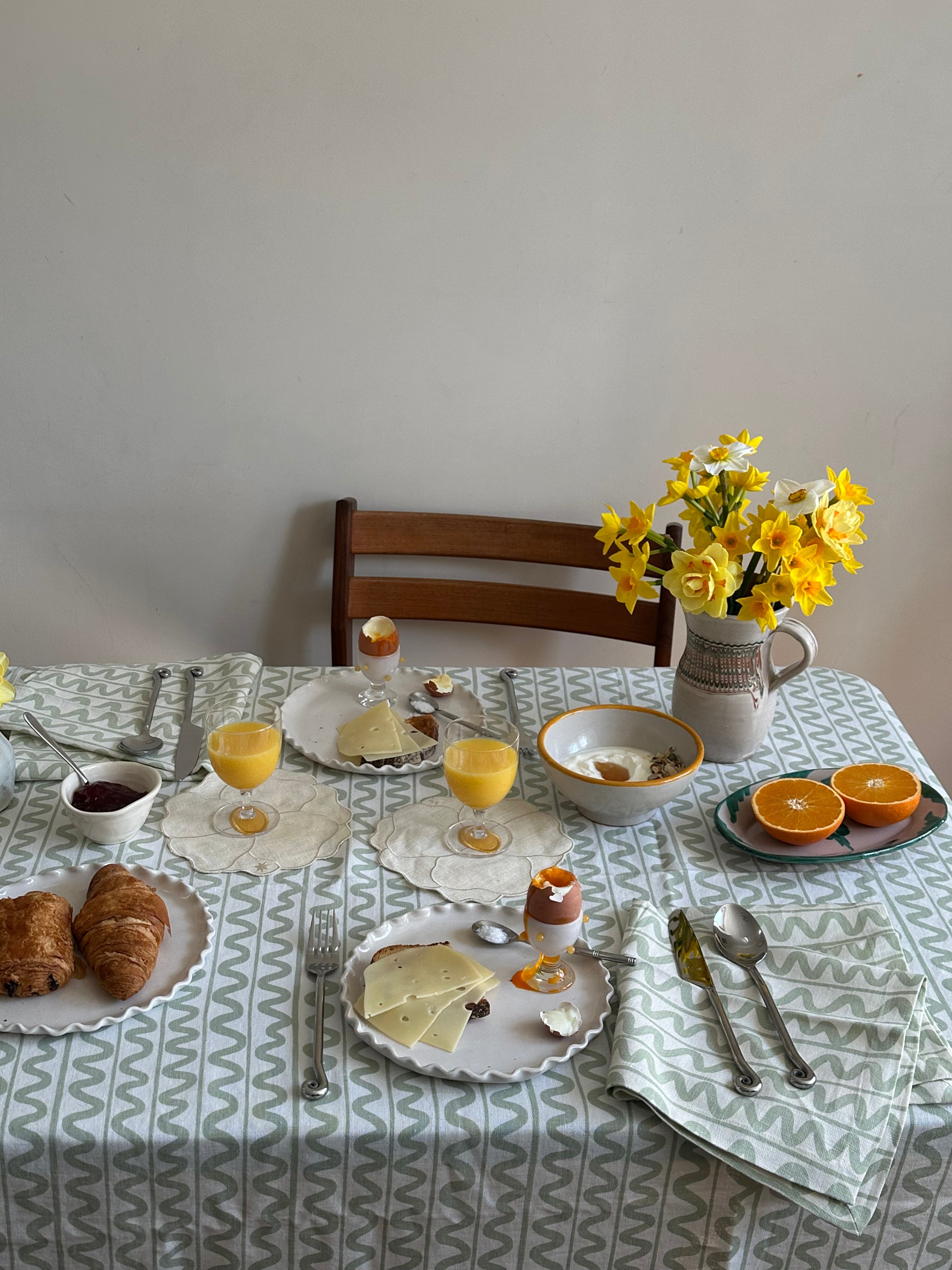 Green Wiggle Linen Tablecloth – Handmade Screen Print