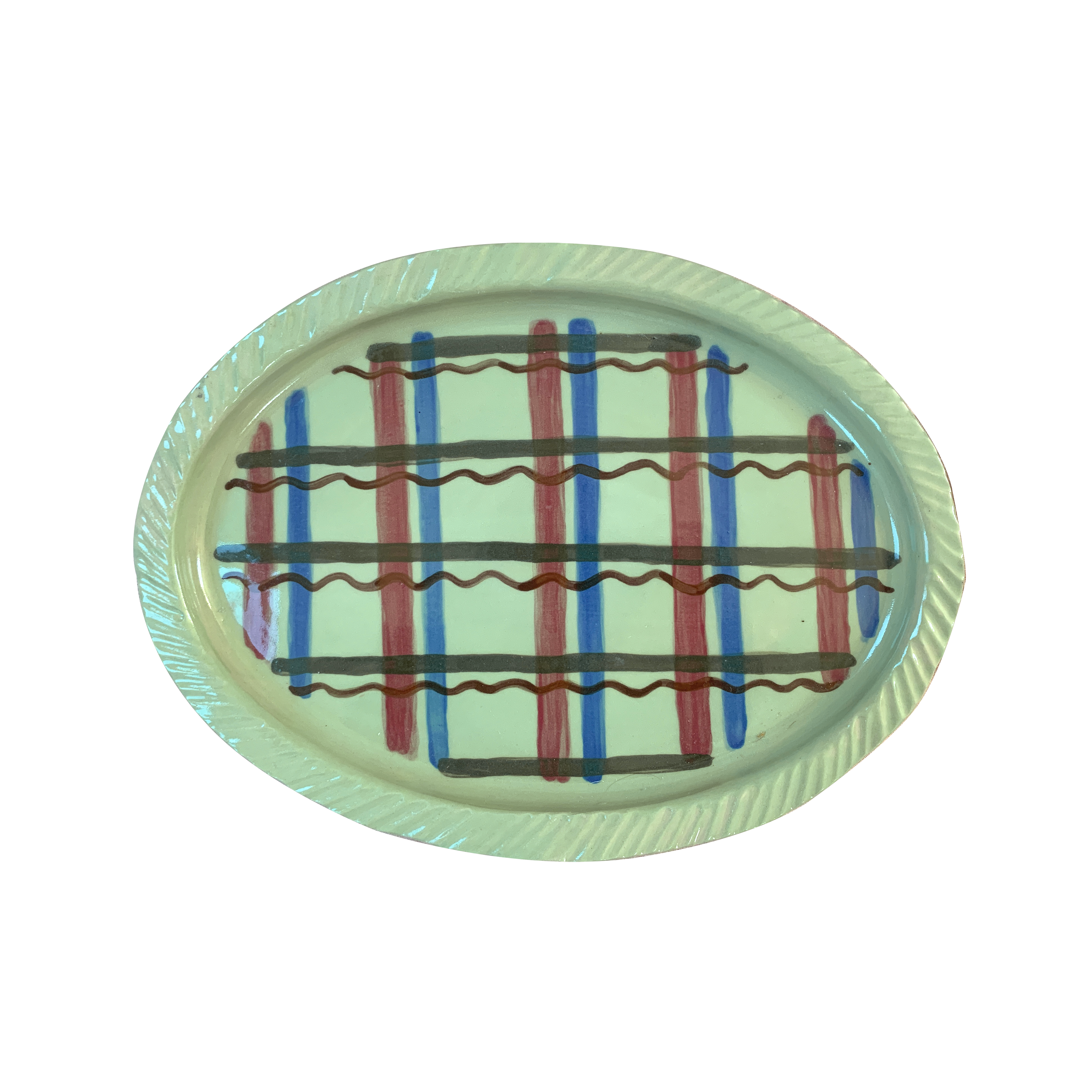 Pottery platter, tartan (pistachio ground)