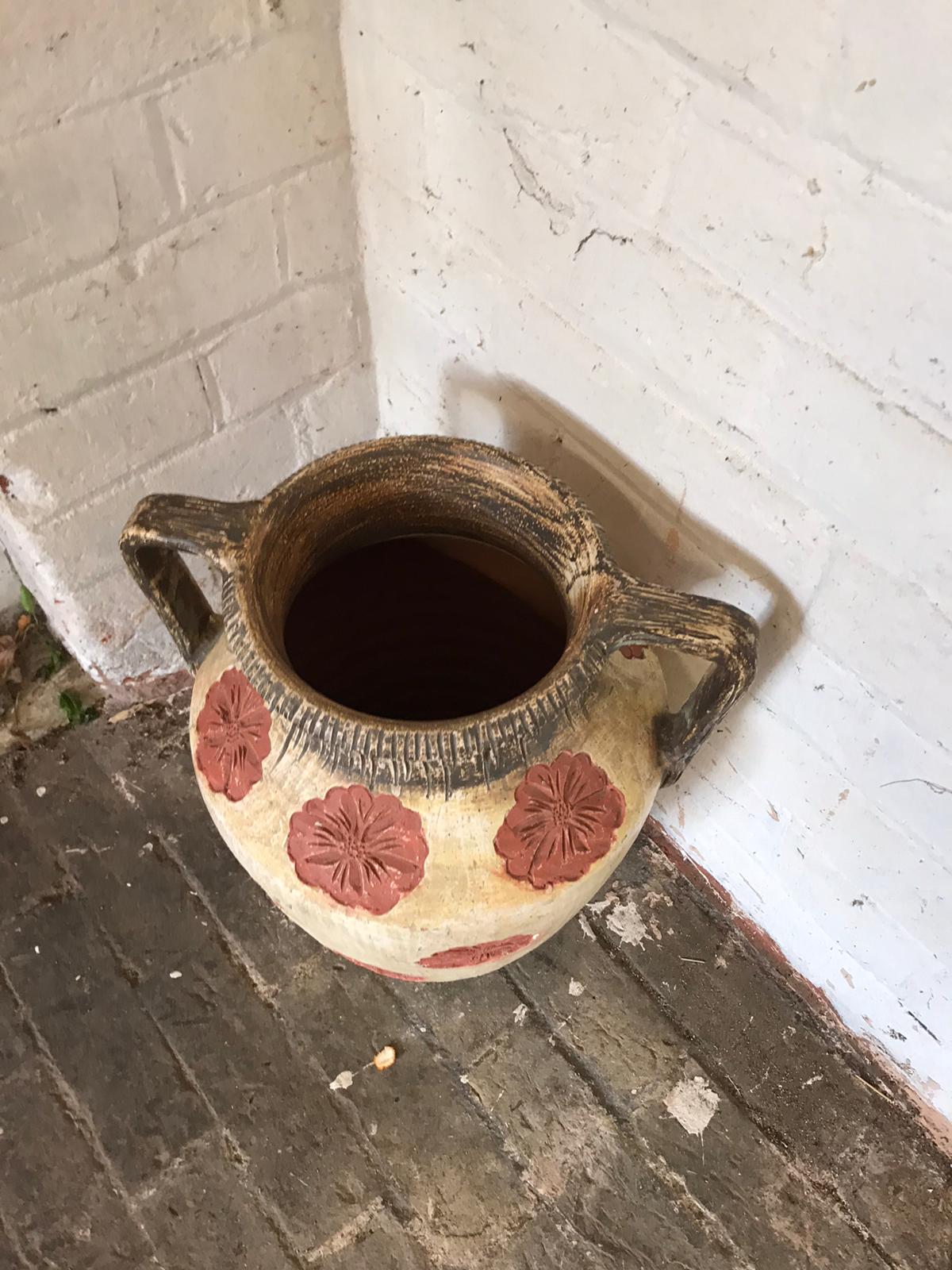 Large Painted Terracotta Urn with Flower Details