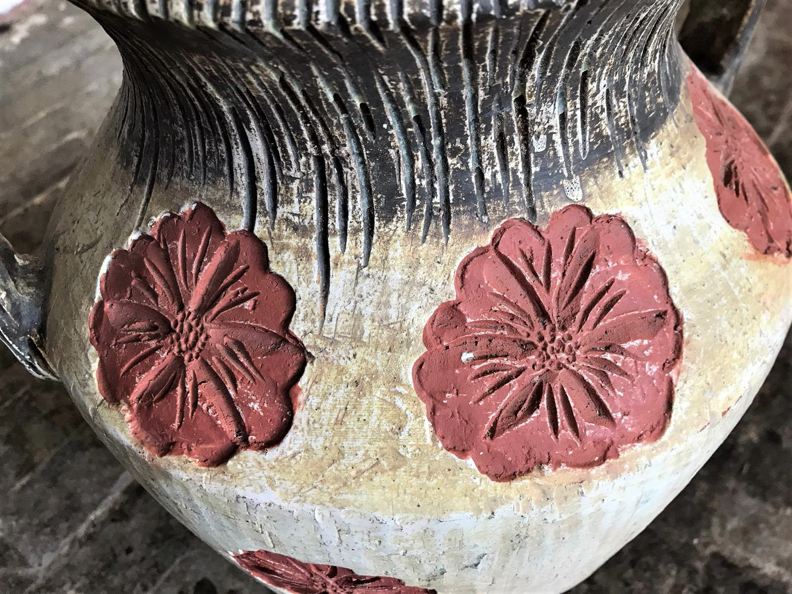 Large Painted Terracotta Urn with Flower Details