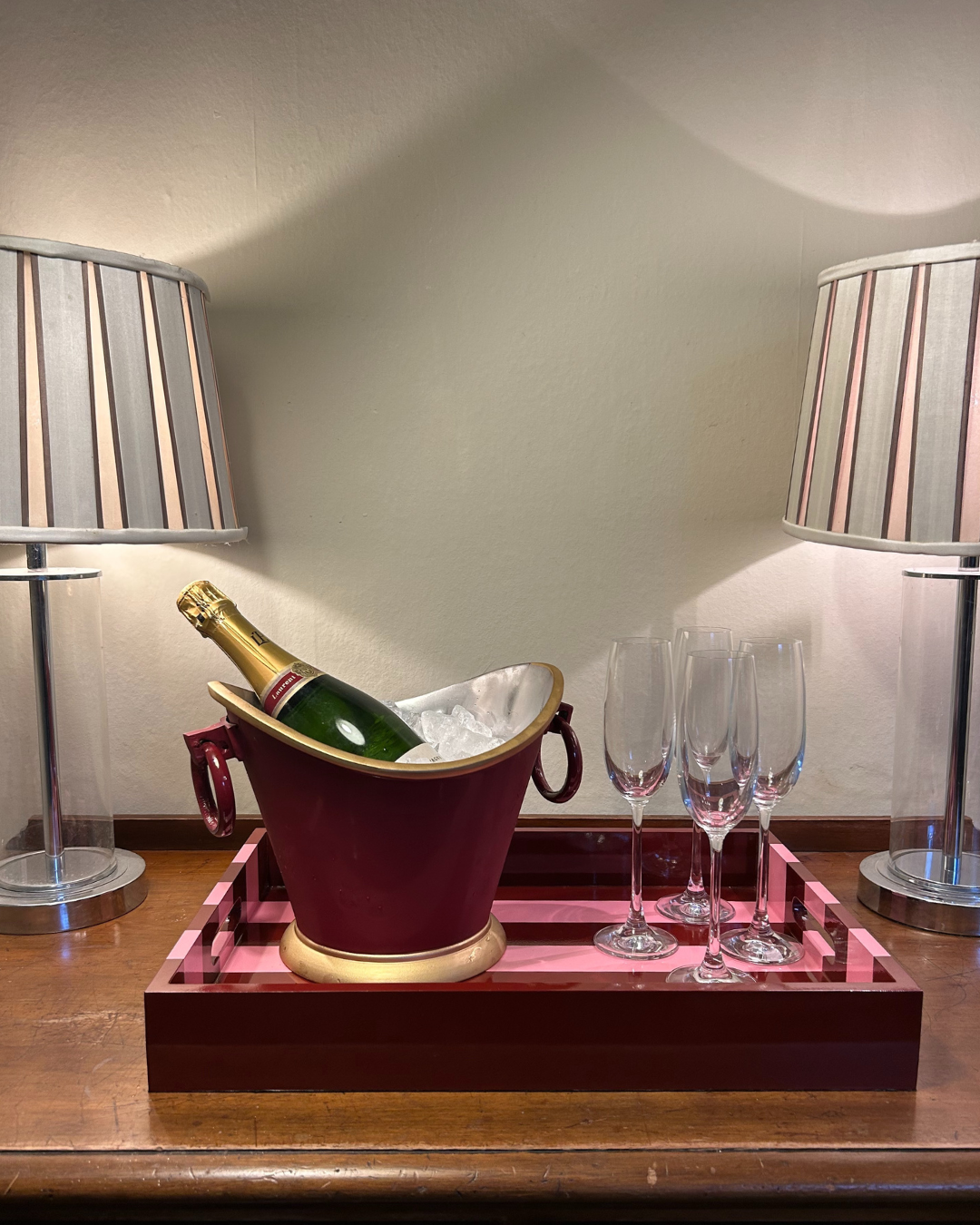 Pink and Red Striped Decorative tray with Handles.