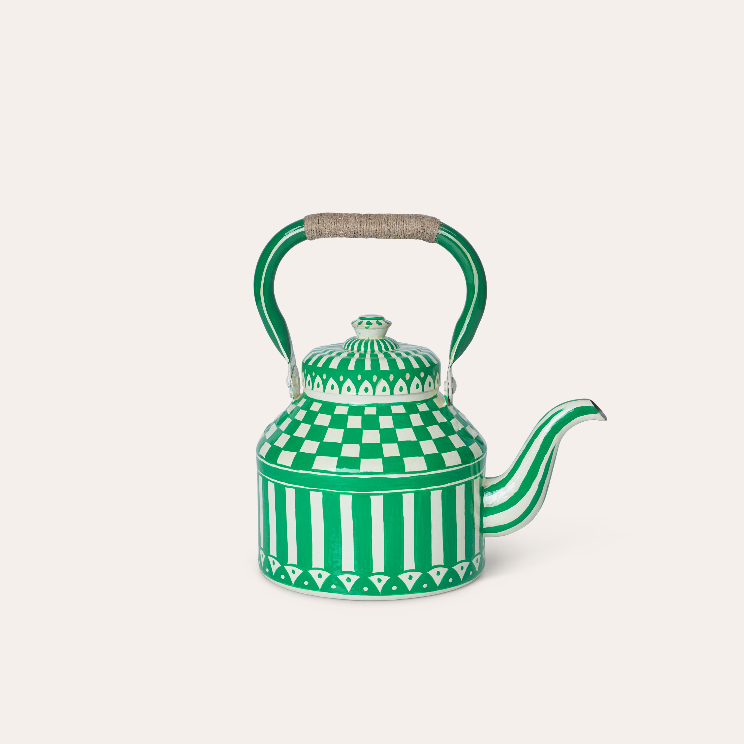 Hand Painted Tea Kettle | Green and White | Striped