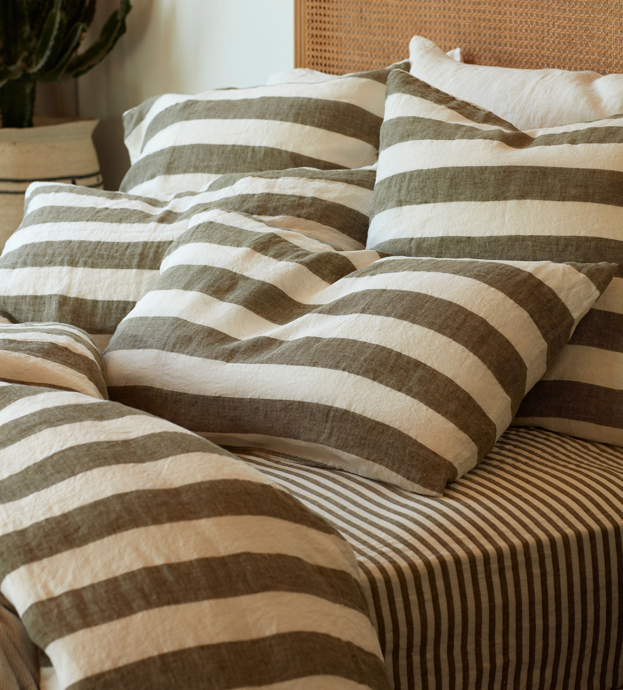 Dark Olive Cora Stripe 100% Linen Pillowcase