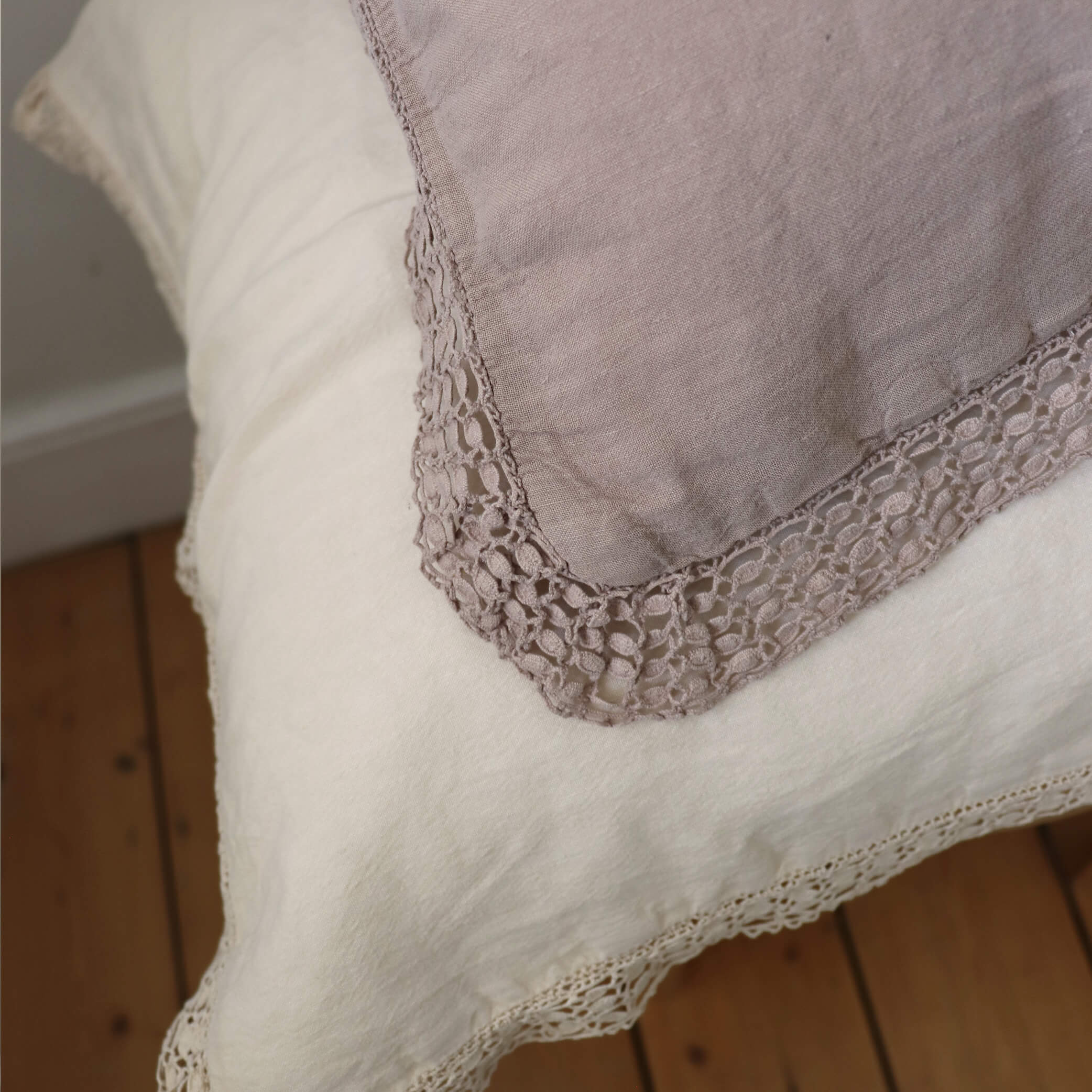 Washed Linen Cotton Oxford Pillowcase with Lace Edge Vintage Rose