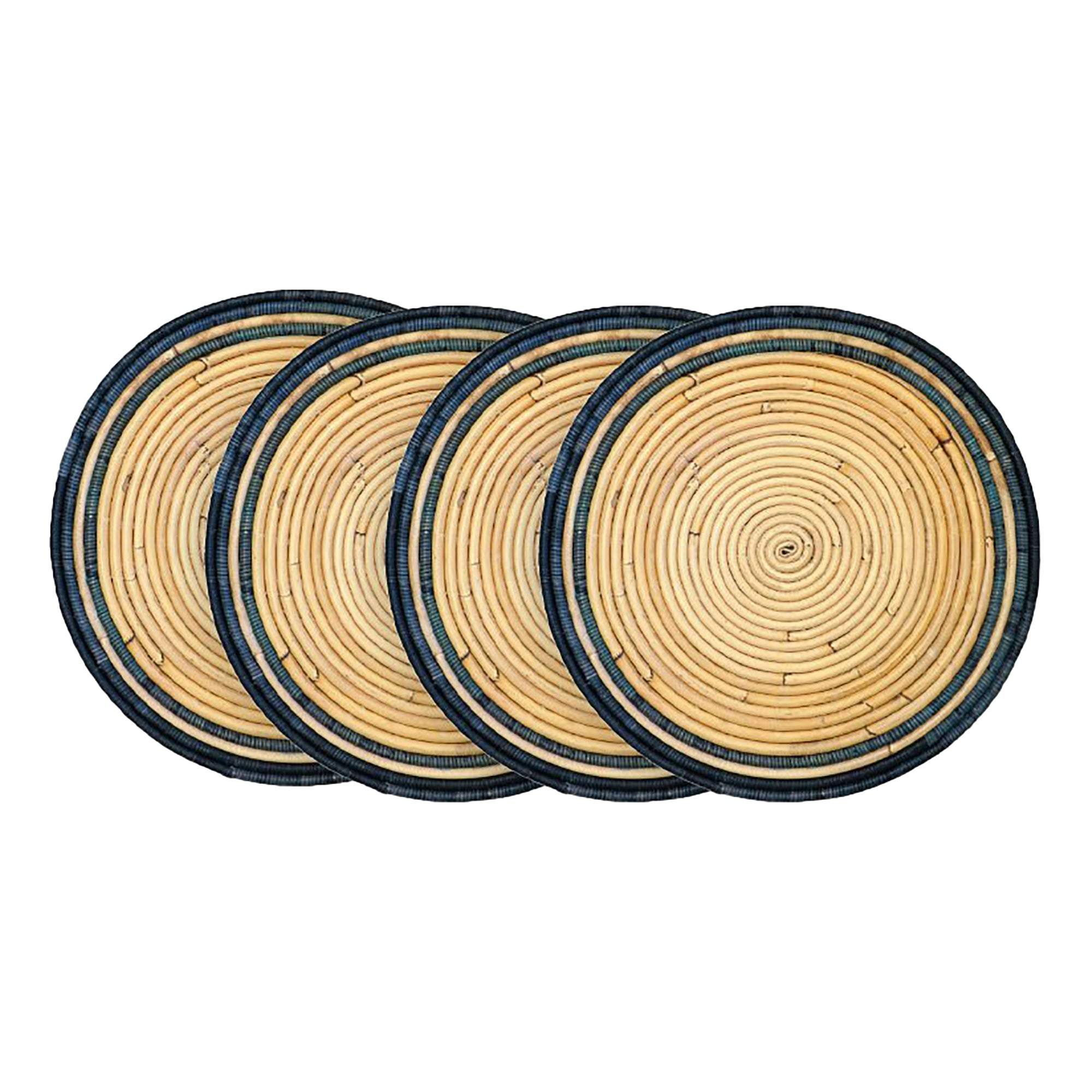 Handwoven Circular Rattan Placemats, Set Of Four - Blue