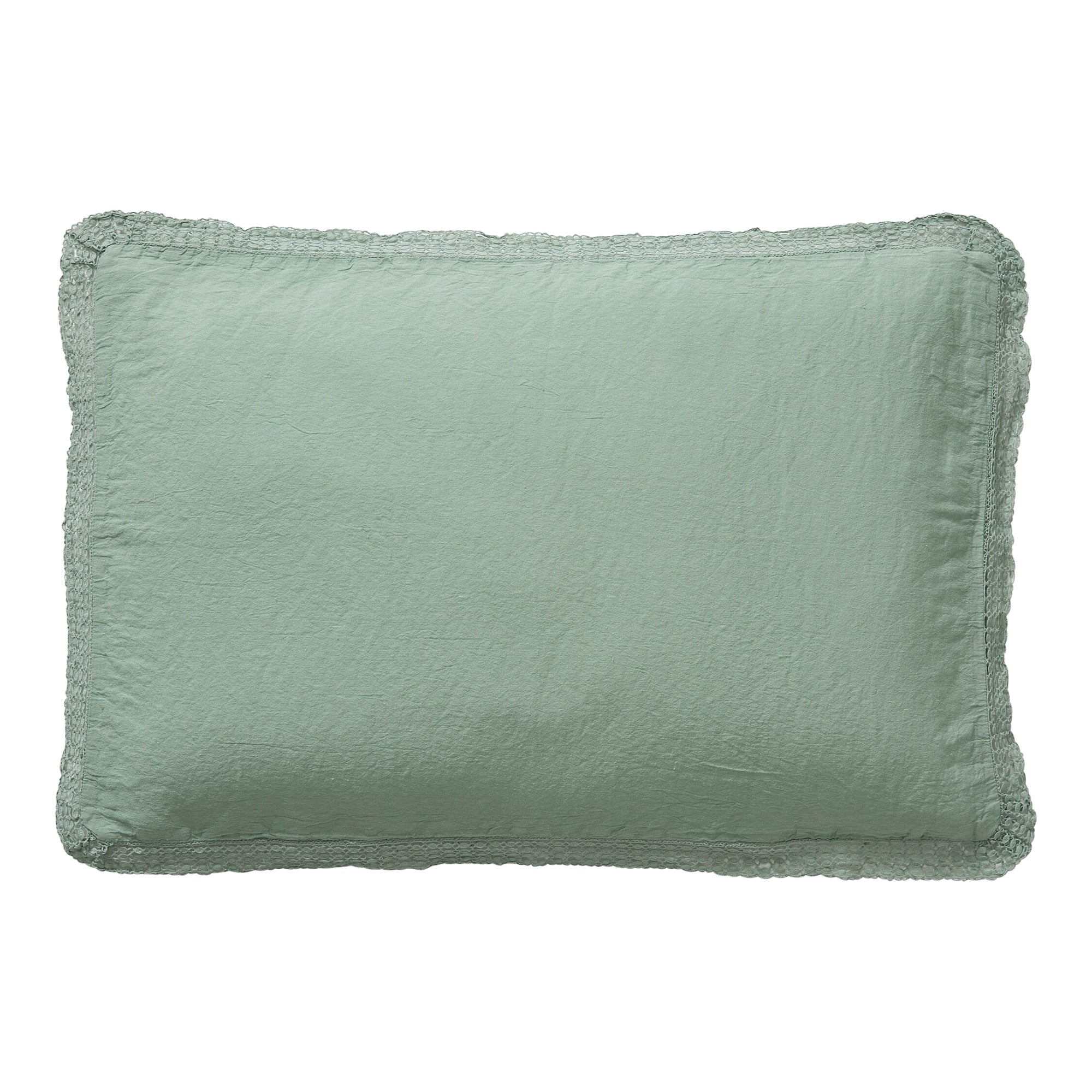 Washed Linen Cotton  Oxford Pillowcase with Lace Edge - Celedon Green