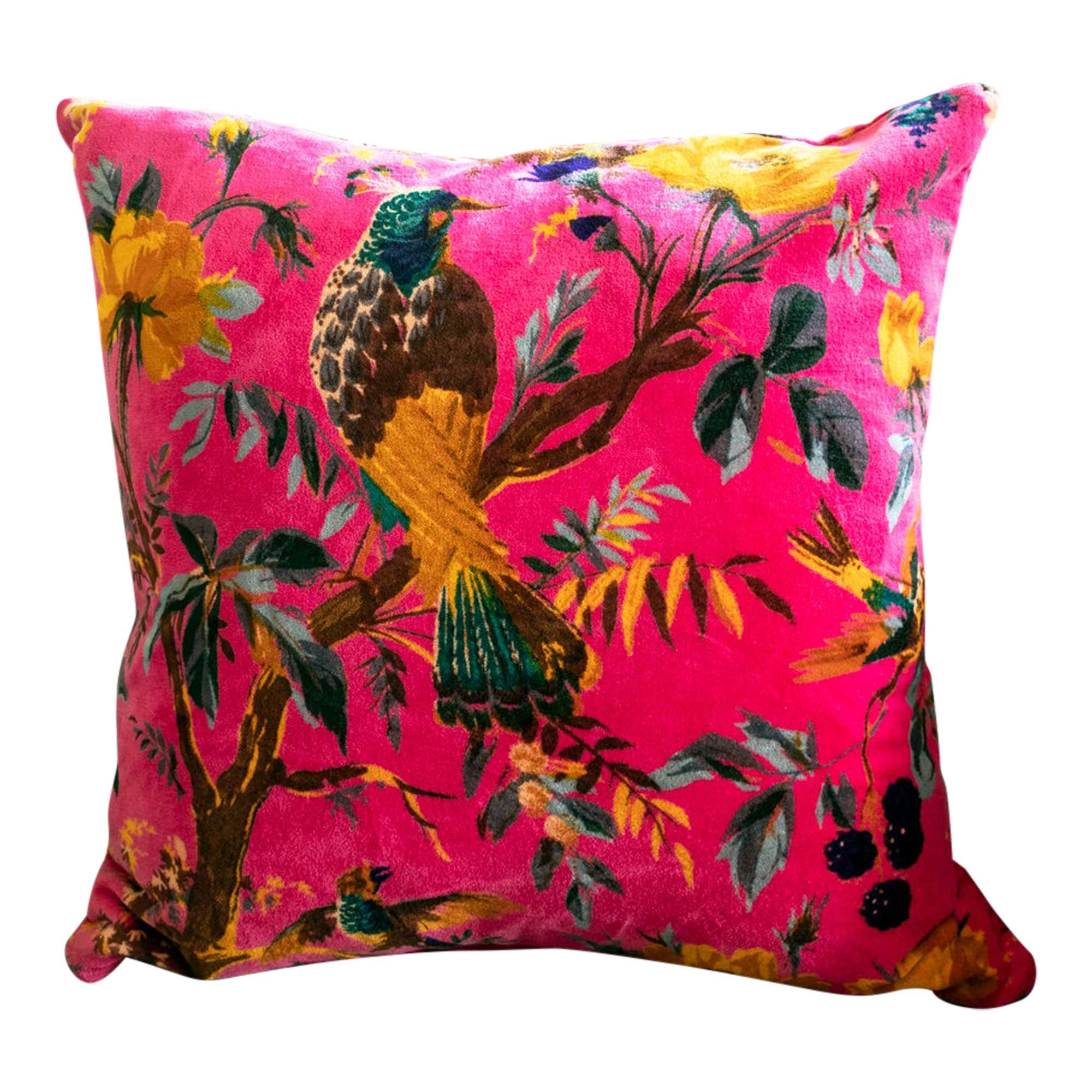 Coral Bird of Paradise Cotton Velvet Cushion Cover