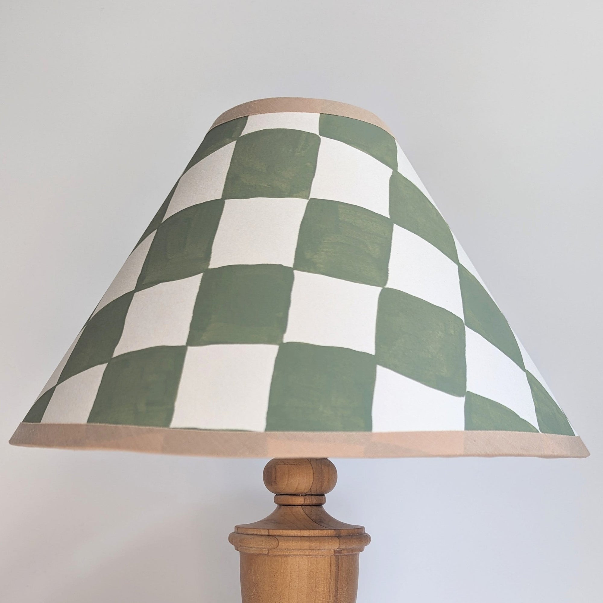 A Pair of Green & Cream Checkerboard Hand Painted Coolie Lampshades
