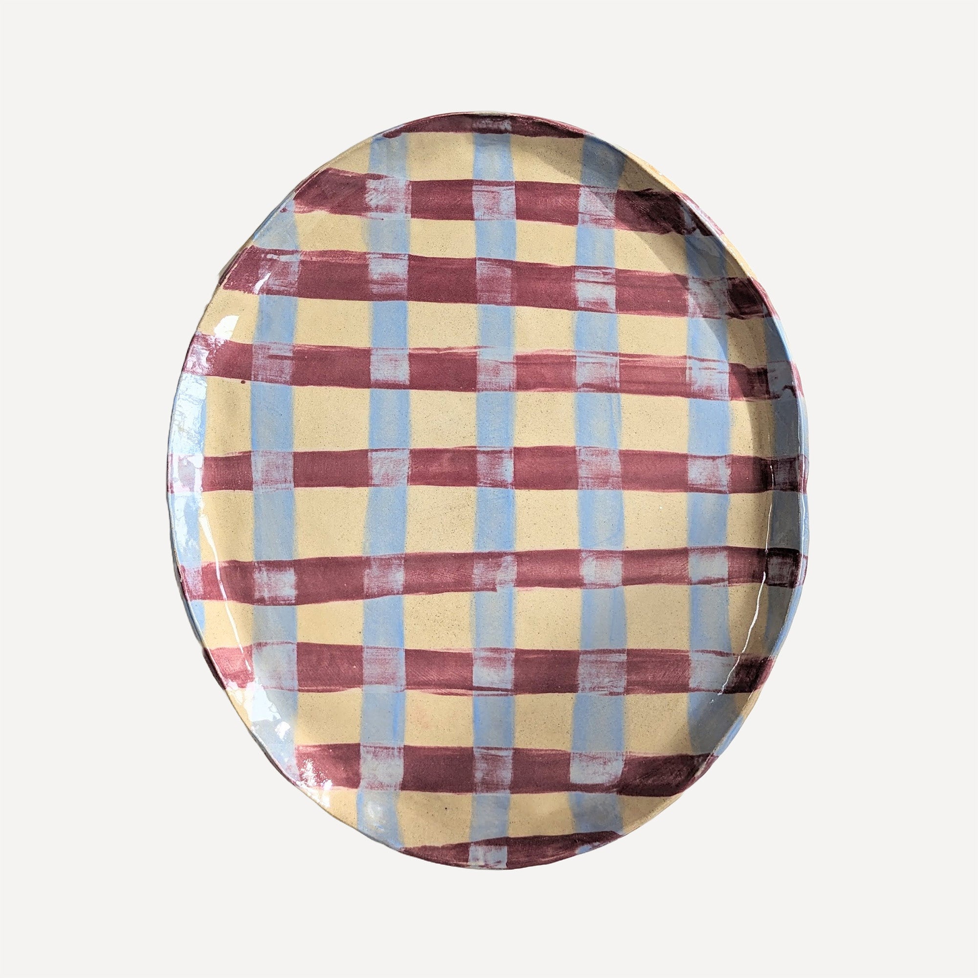 Baby Blue & Burgundy Gingham Oval Platter