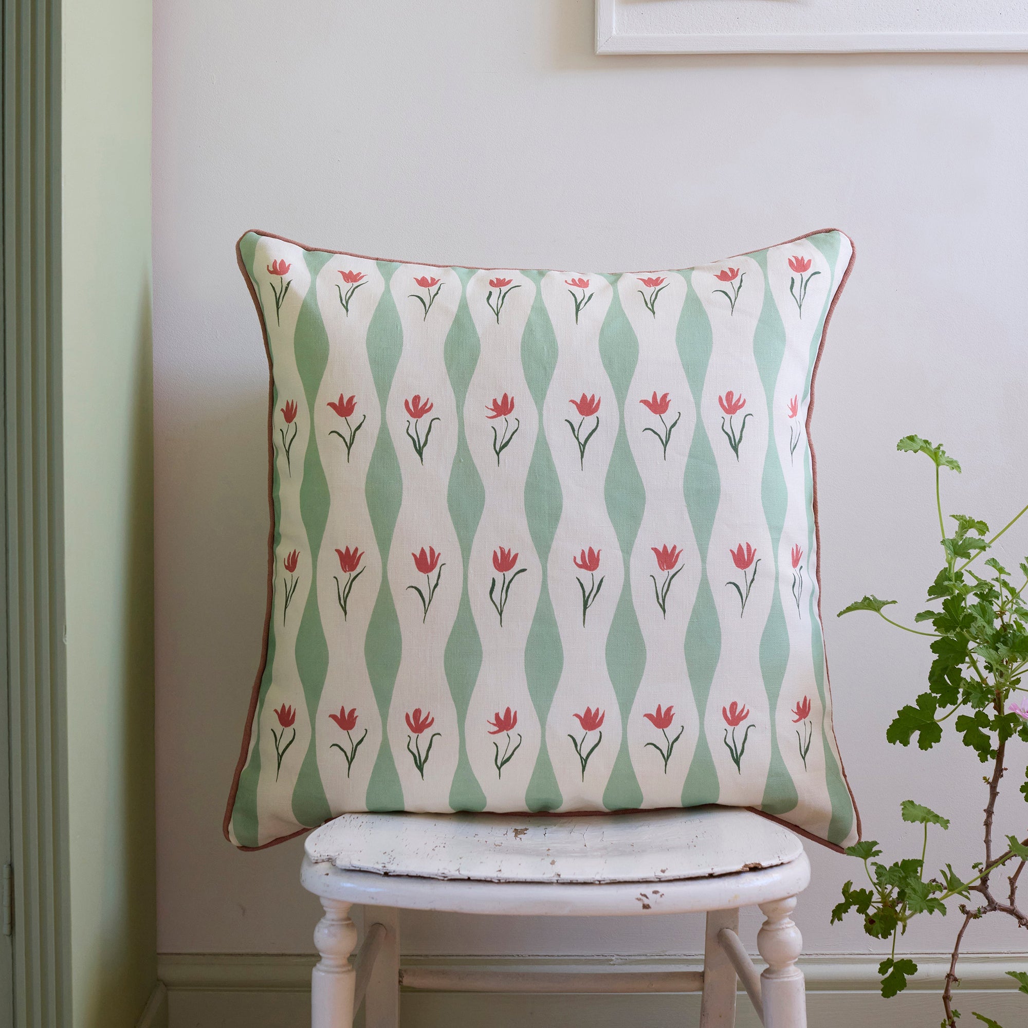 Tulip Wave (pistachio) linen cushion, piped | 55cm