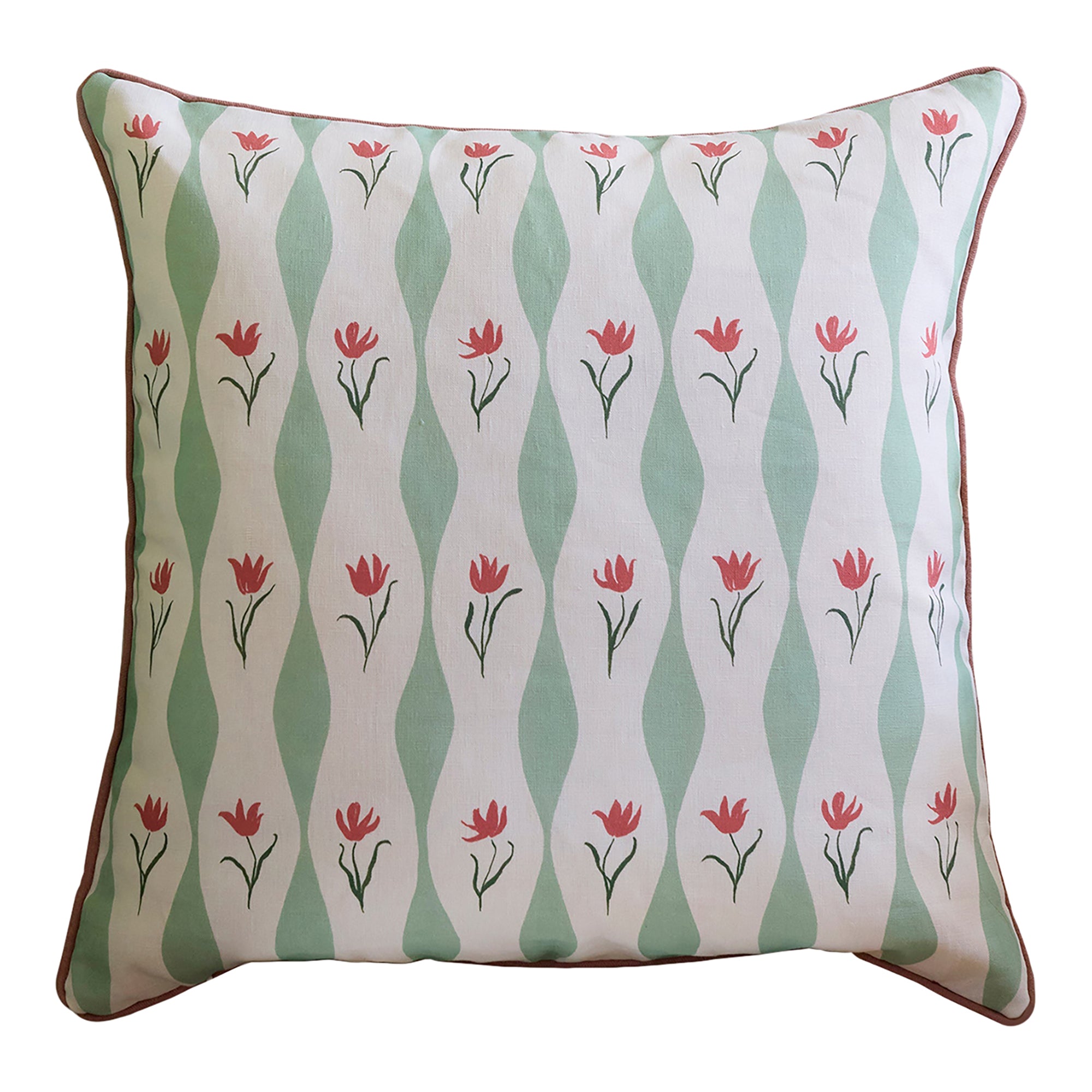 Tulip Wave (pistachio) linen cushion, piped | 55cm