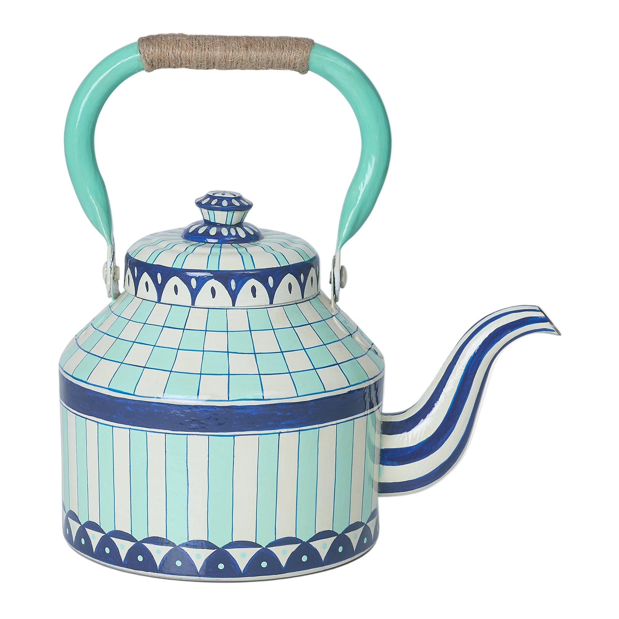 Hand Painted Tea Kettle | Blues and White | Striped