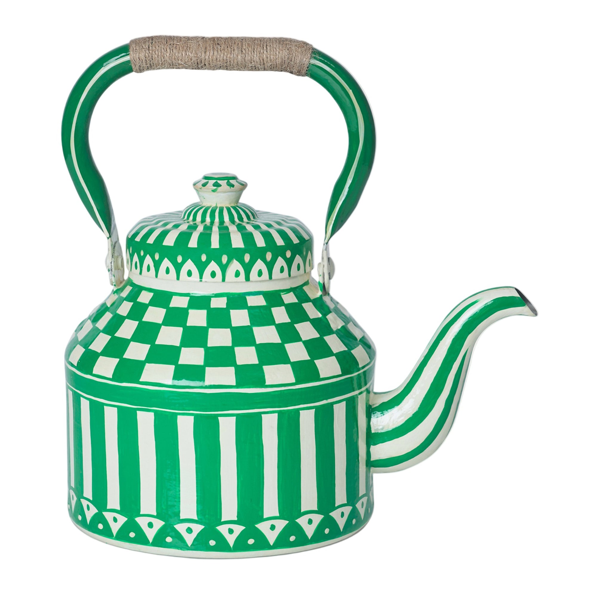 Hand Painted Tea Kettle | Green and White | Striped