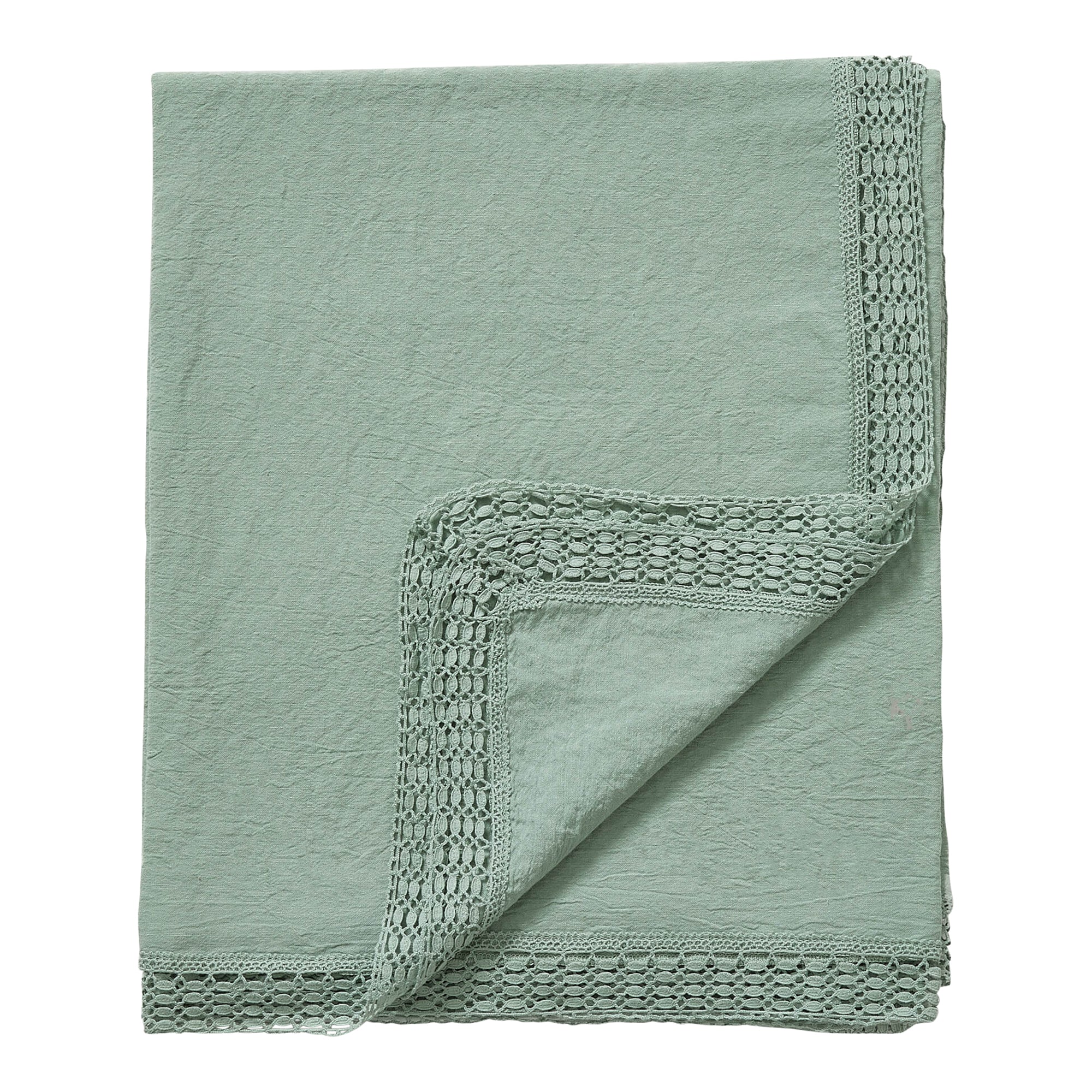 Washed Linen Cotton Tablecloth with Lace edge - Celedon Green