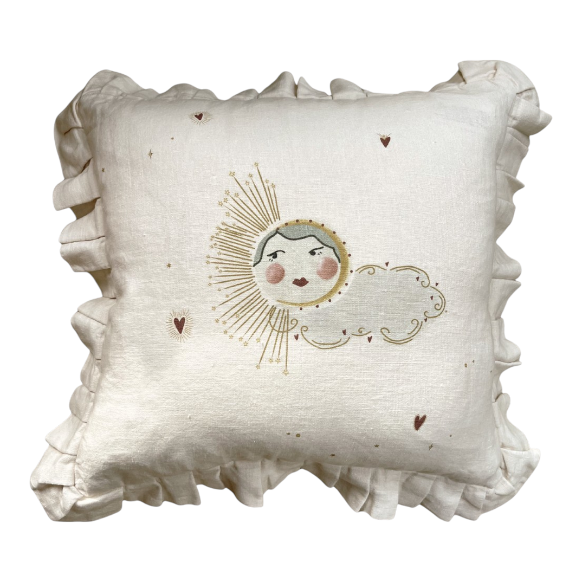 Linen ruffled cushion cover Love Sun