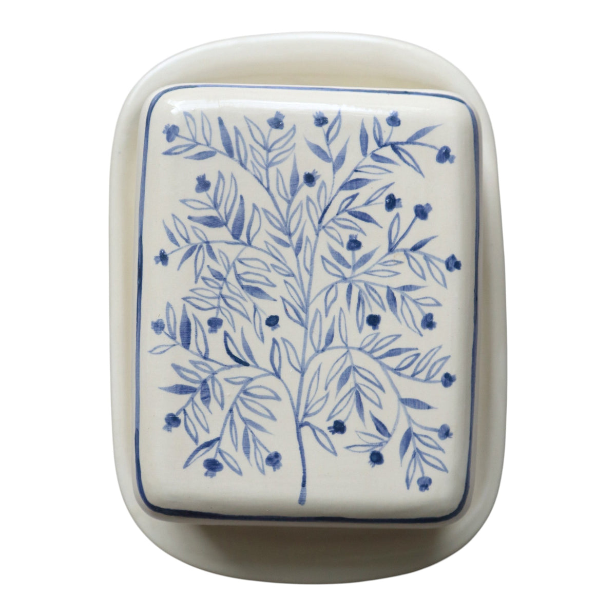 Hand Painted Pomegranate Tree Butter Dish - Blue