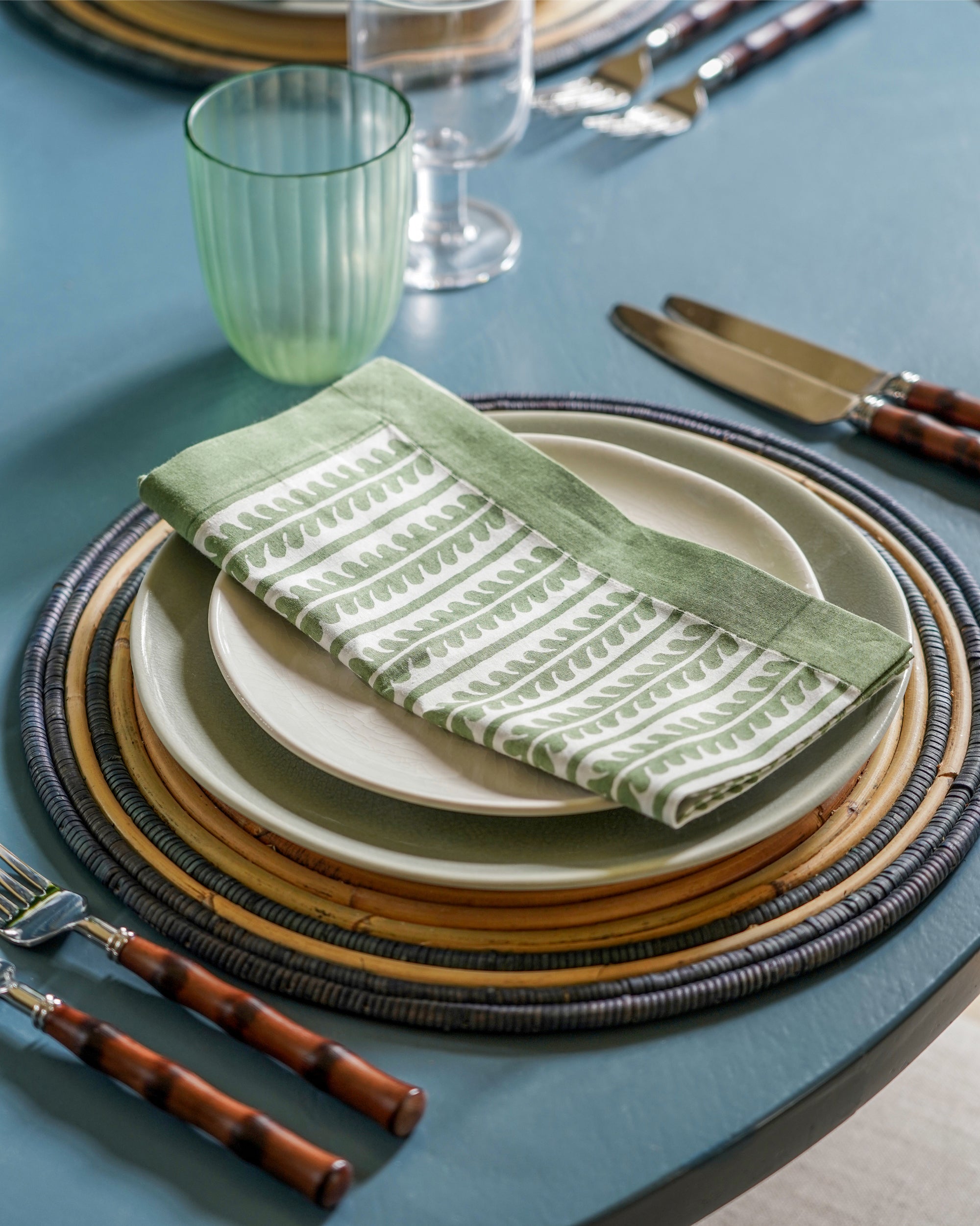 Handwoven Circular Rattan Placemats, Set Of Four - Blue