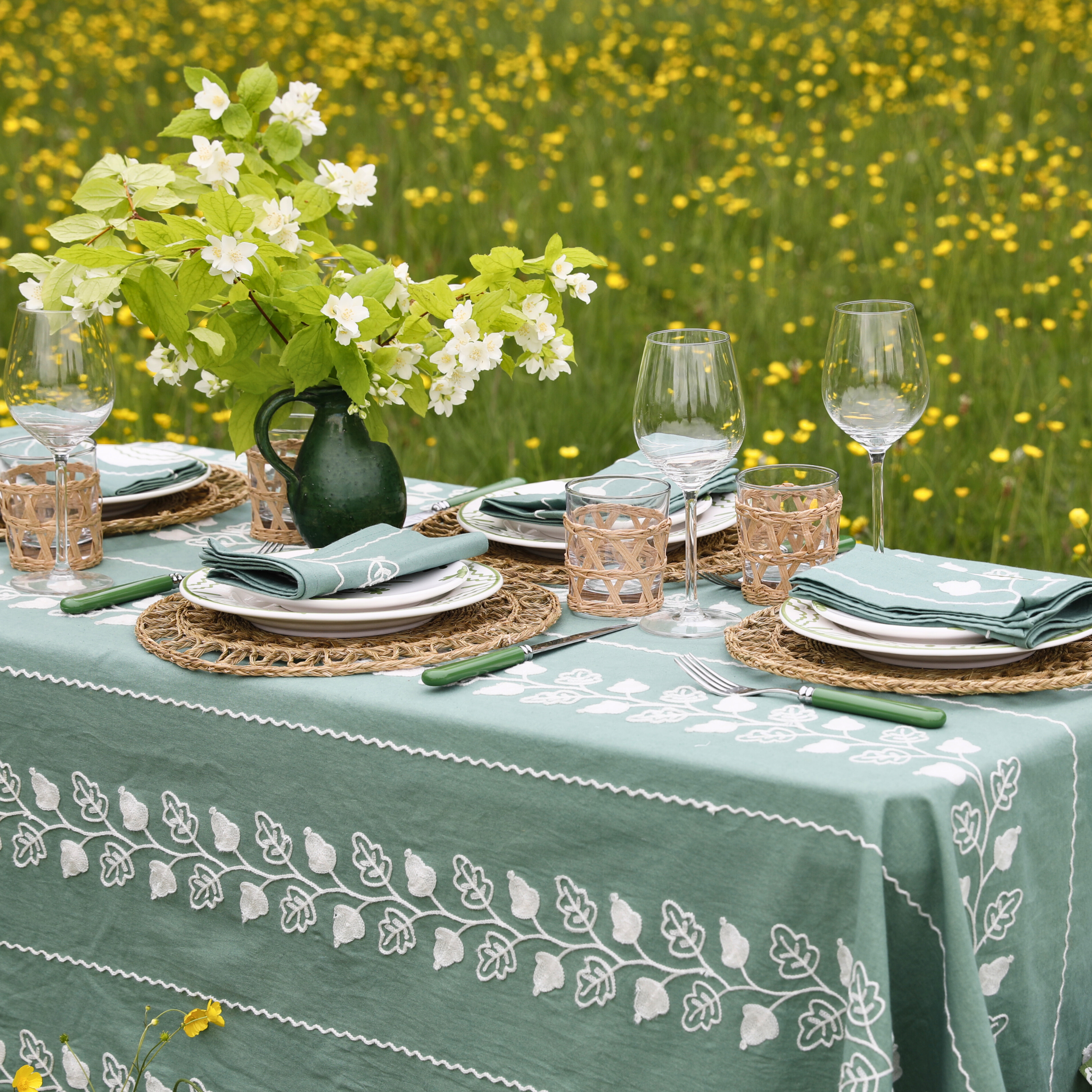 Garden Embroidered Tablecloth - Green