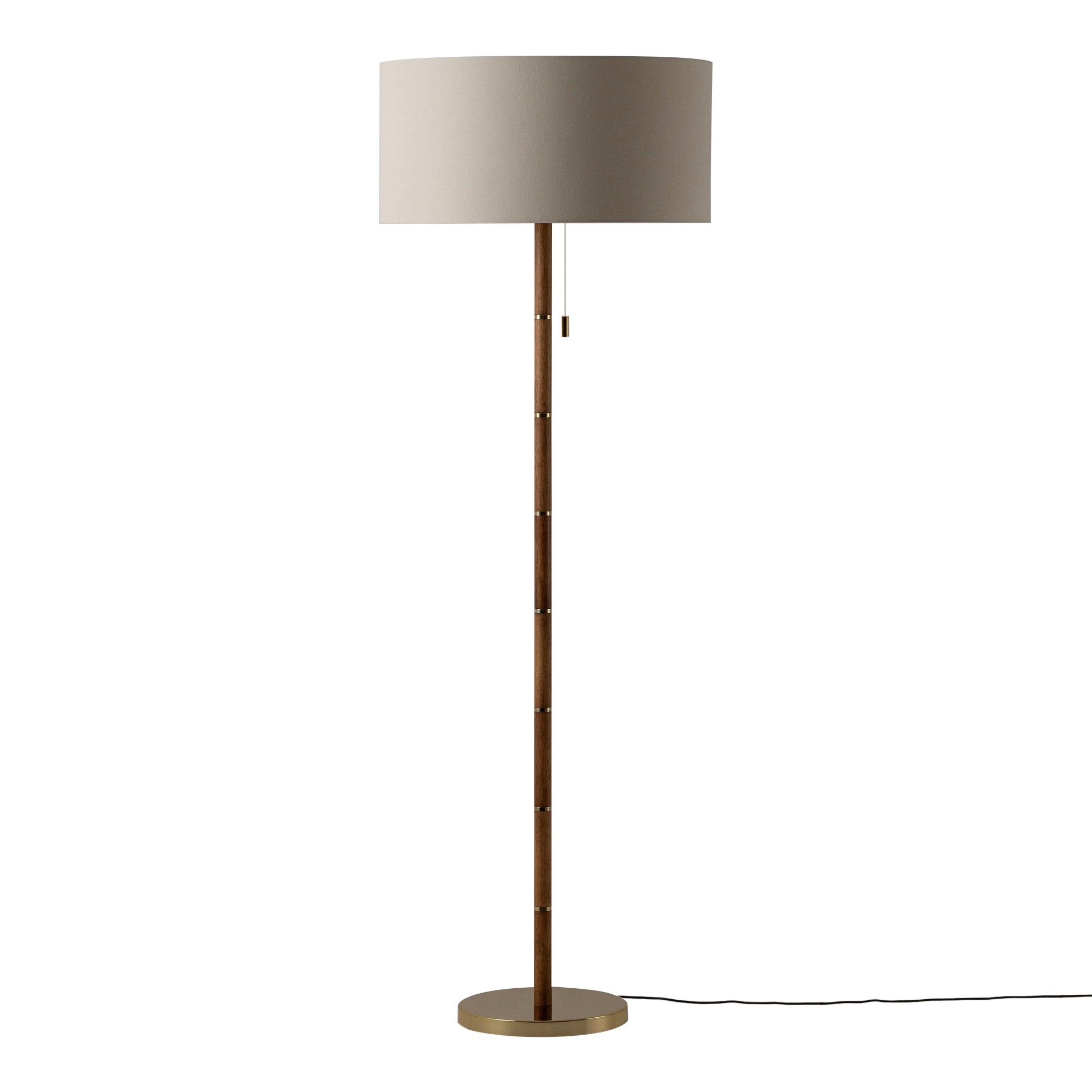 Wooden and brass disk floor lamp