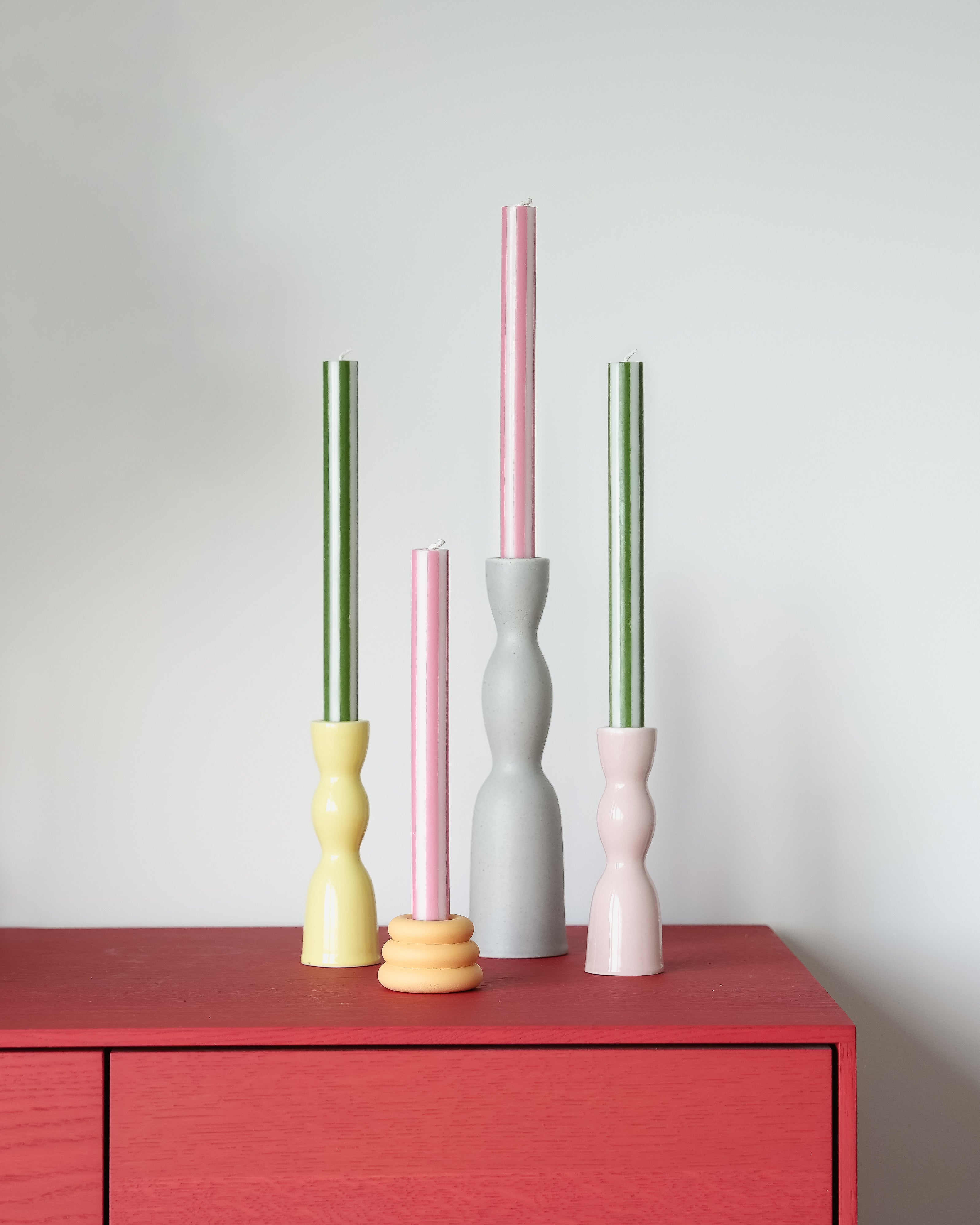 Stripe Dinner Candles - Peachy pink / Moss Green