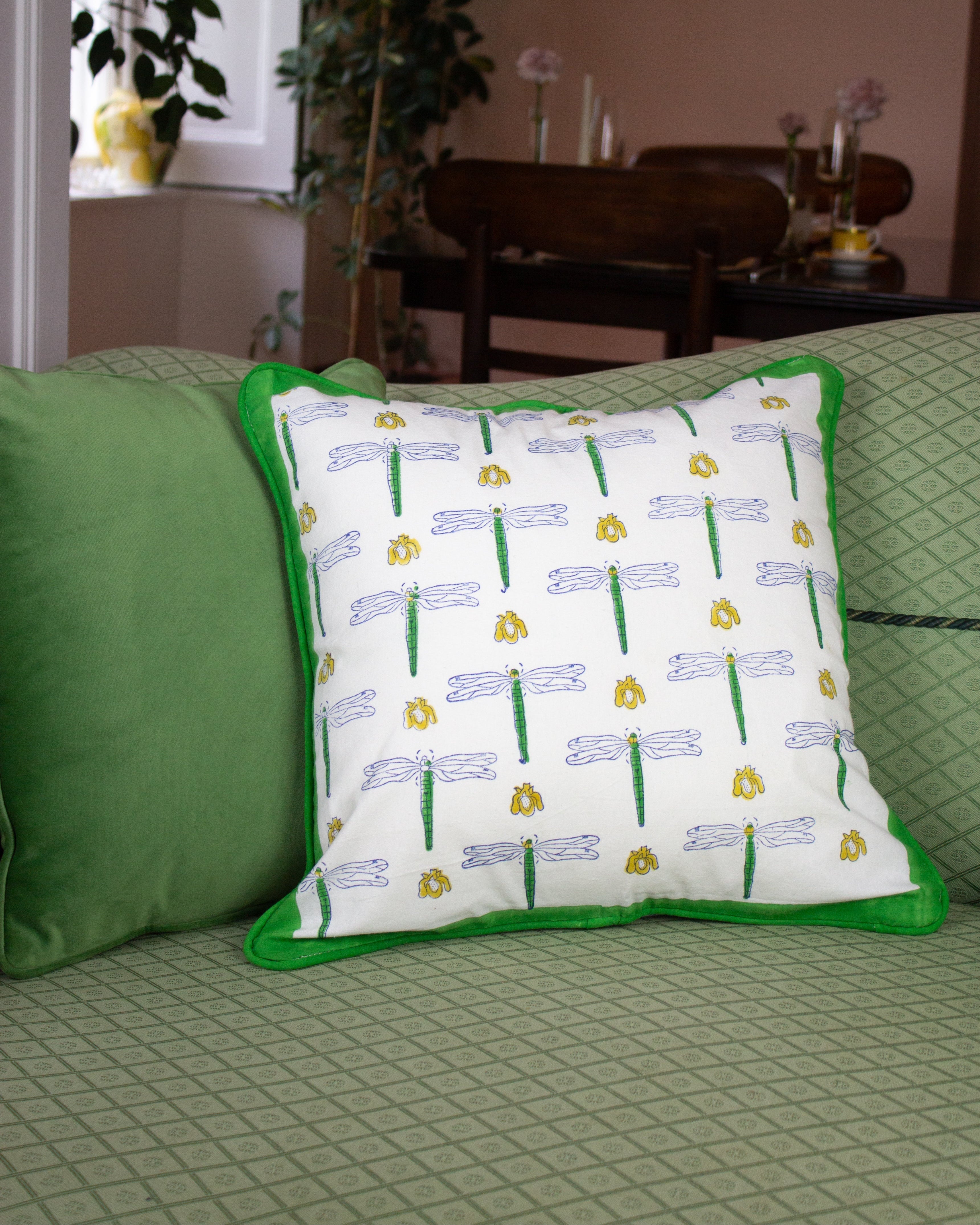 Dragonfly Organic Cotton Piped Cushion Cover