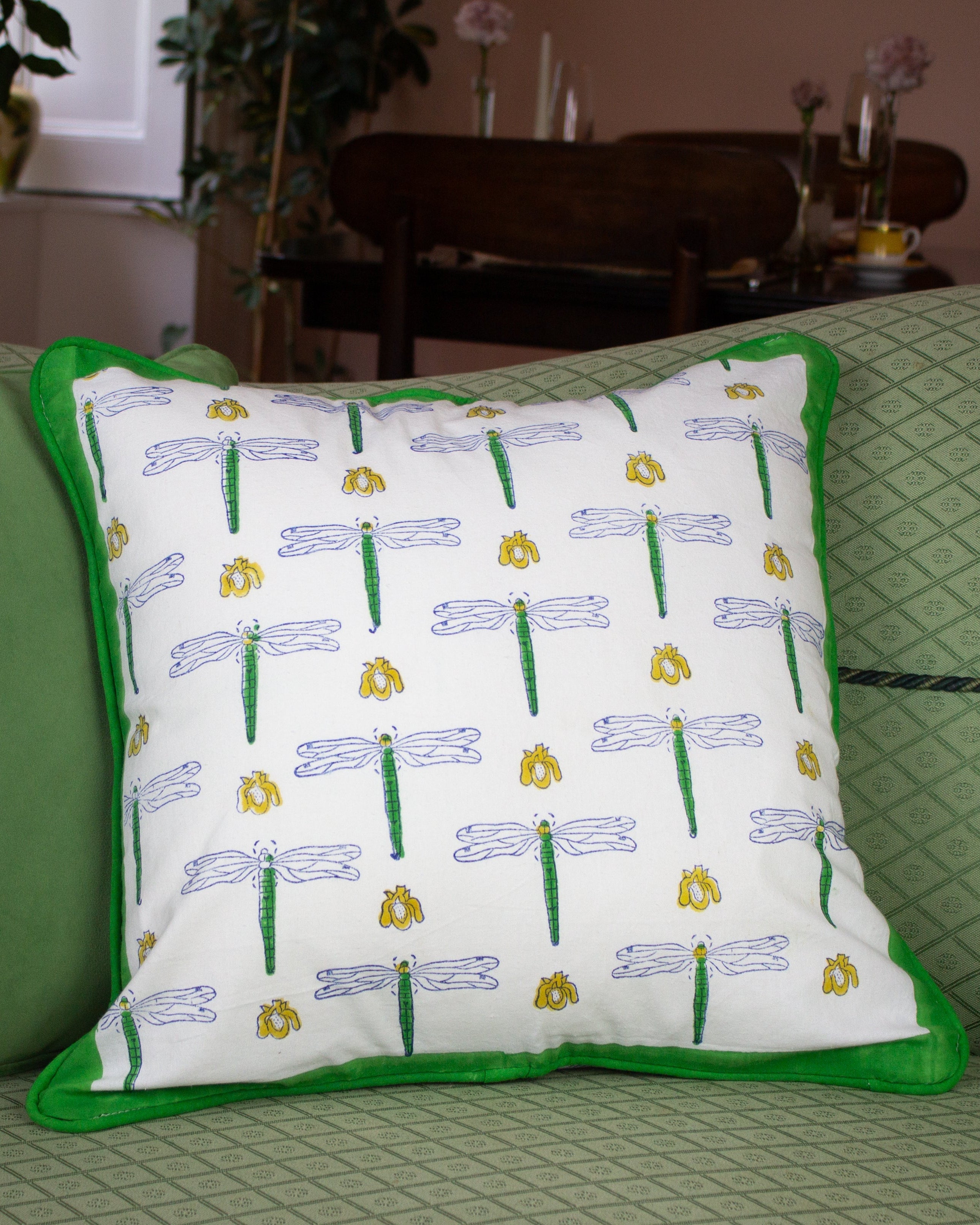 Dragonfly Organic Cotton Piped Cushion Cover