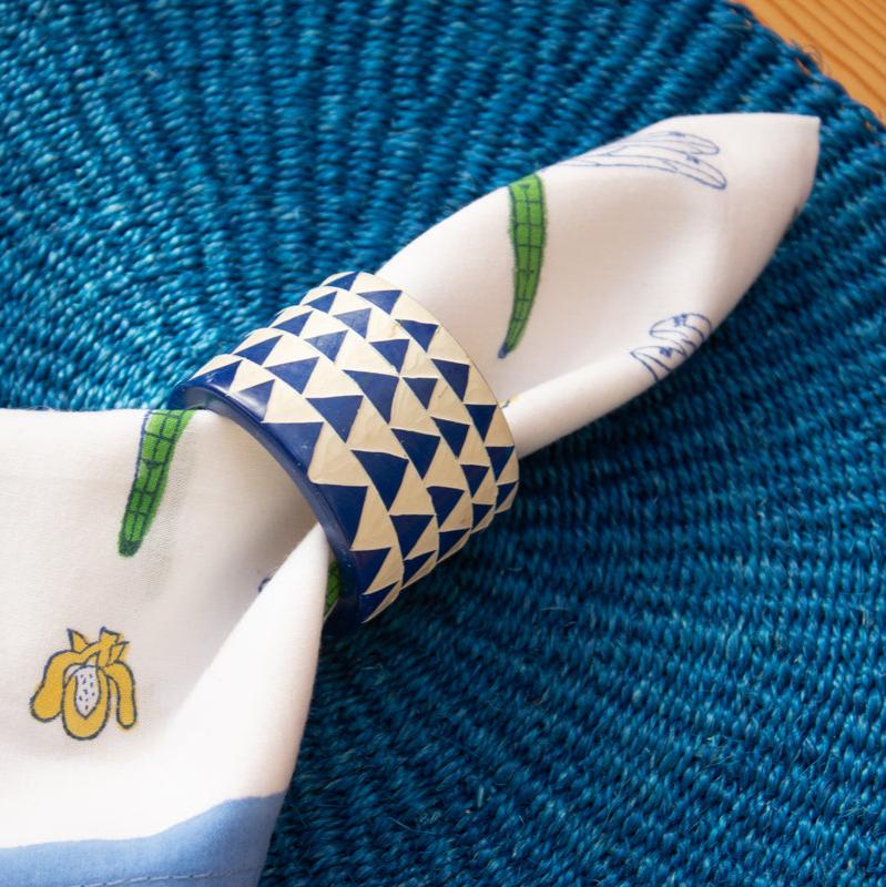 Hand Carved Soapstone Napkin Ring 'Blue Triangles'
