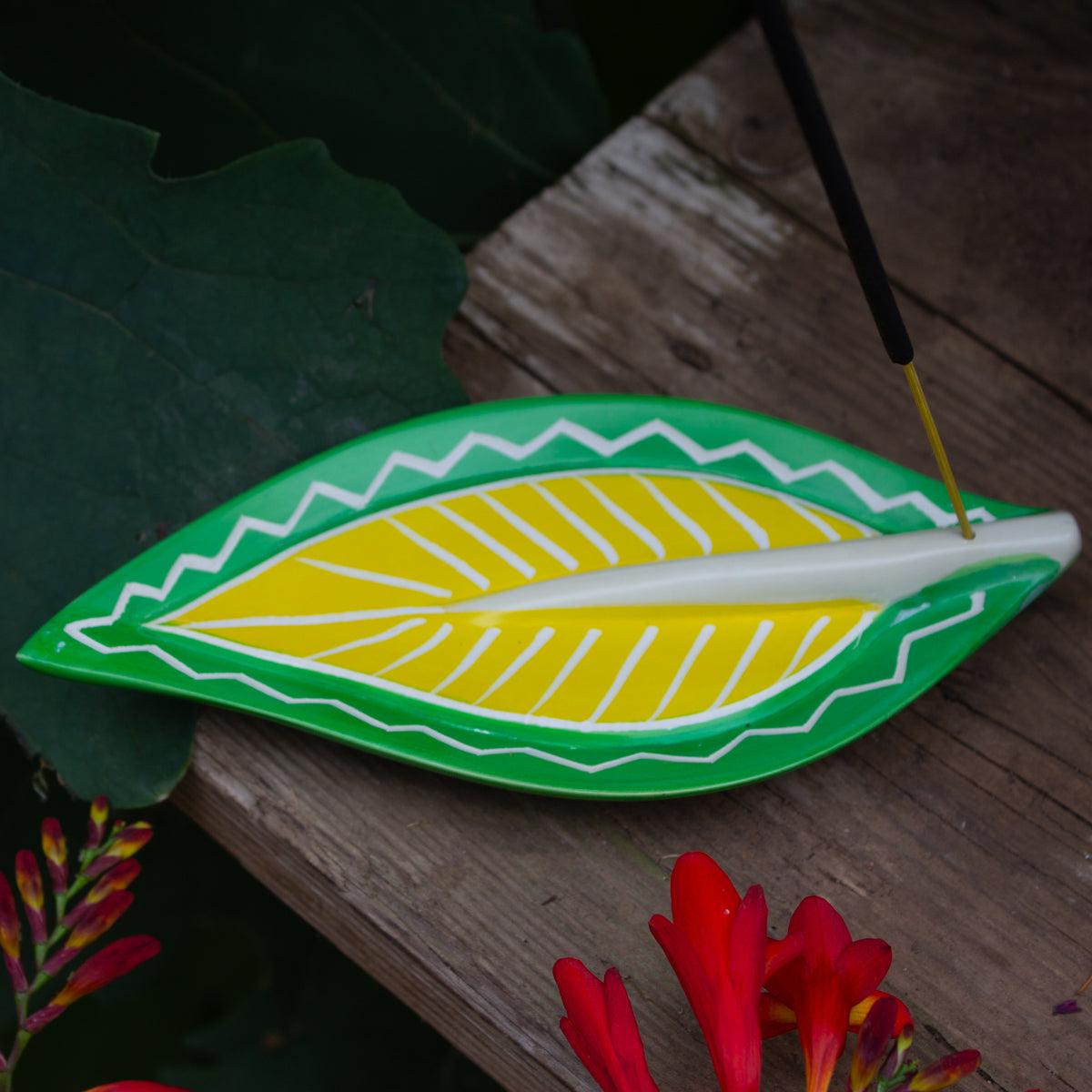 Kenyan Soapstone Incense Plate 'Tropical Leaf'