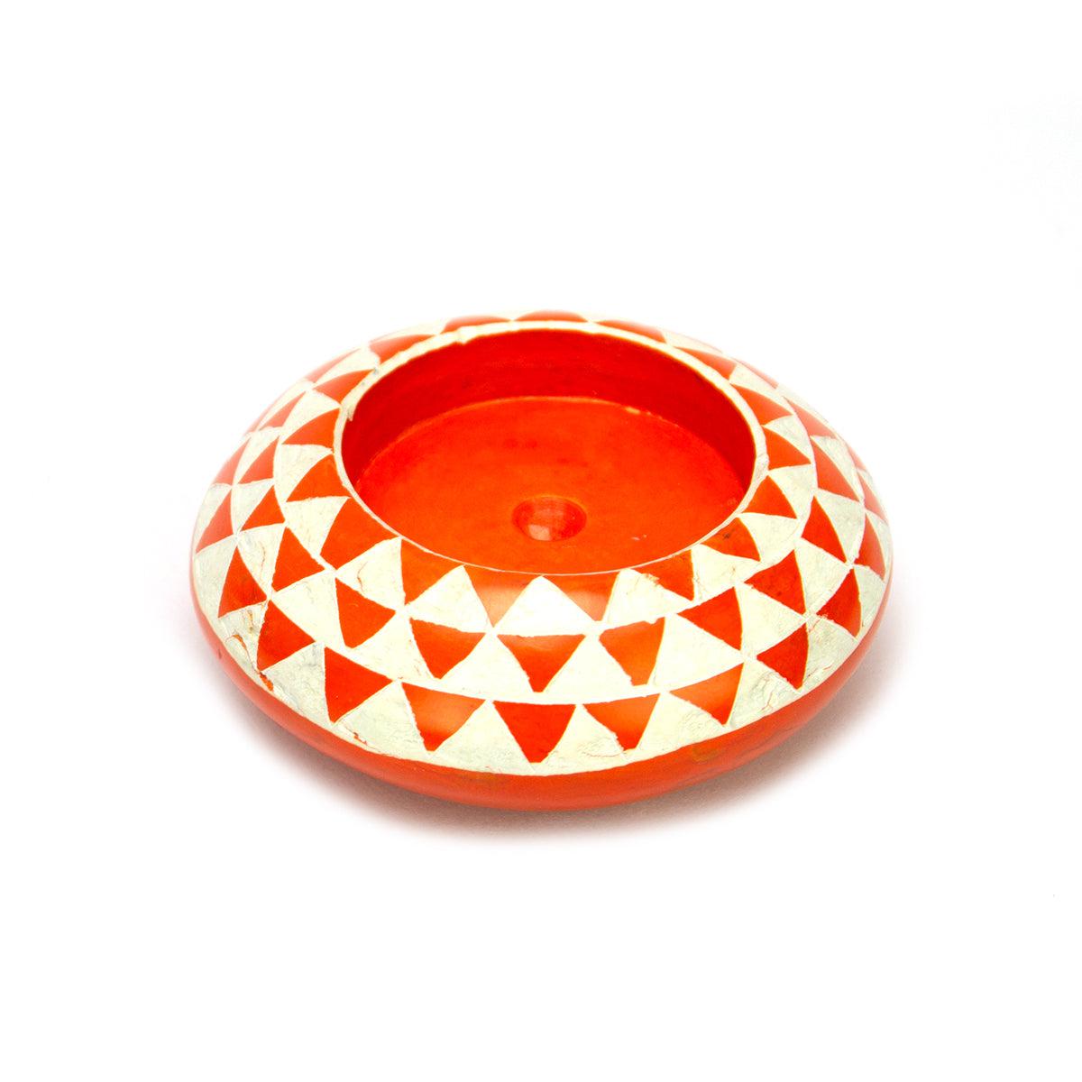 Kenyan Soapstone Tea Light Candle Holder 'Orange Sun Mask'