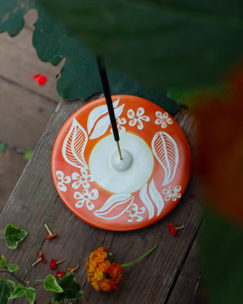 Kenyan Soapstone Round Incense Holder 'Orange Floral'