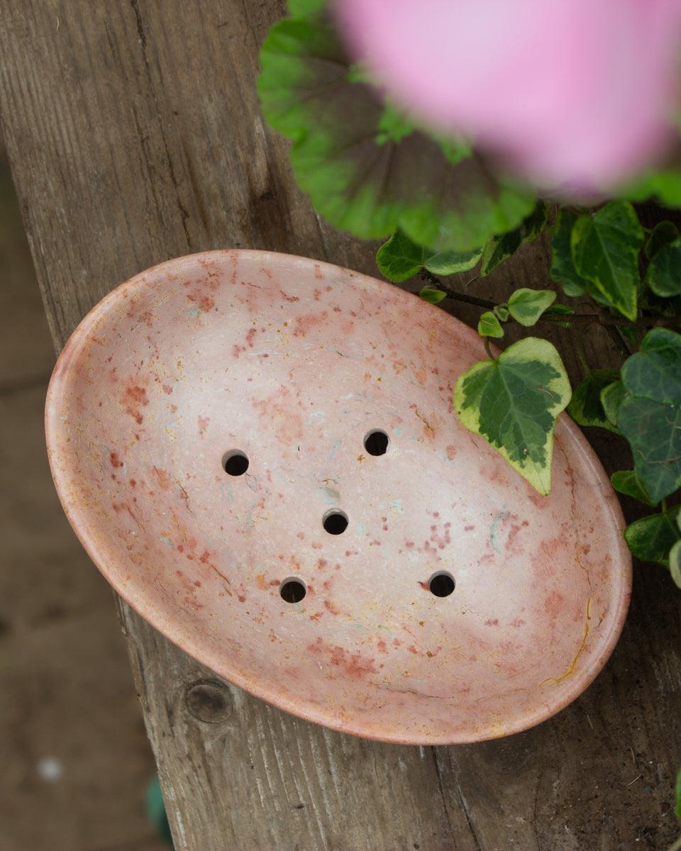 Kenyan Soapstone Oval Contemporary Soap Dish 'Marbled Pink'
