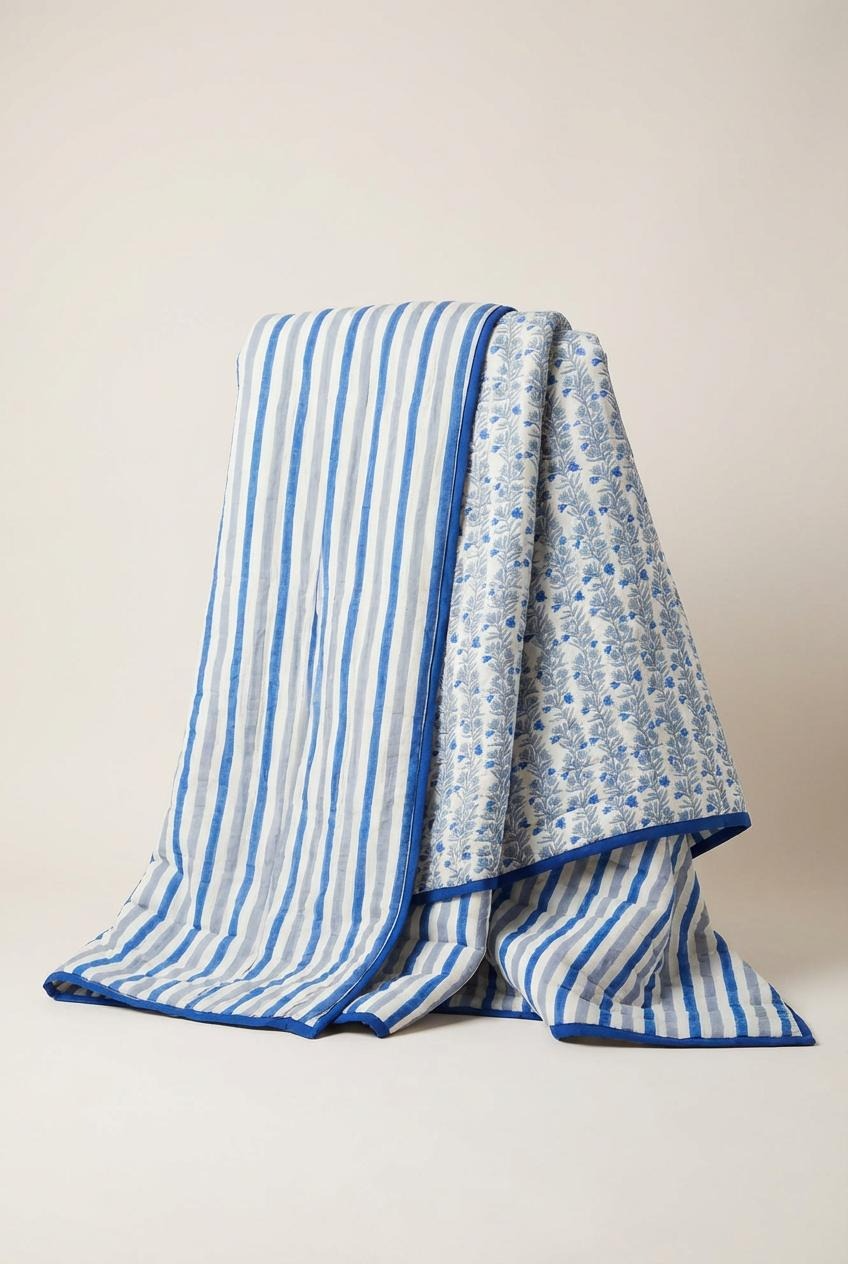 Blue Floral Vine Bed Quilt