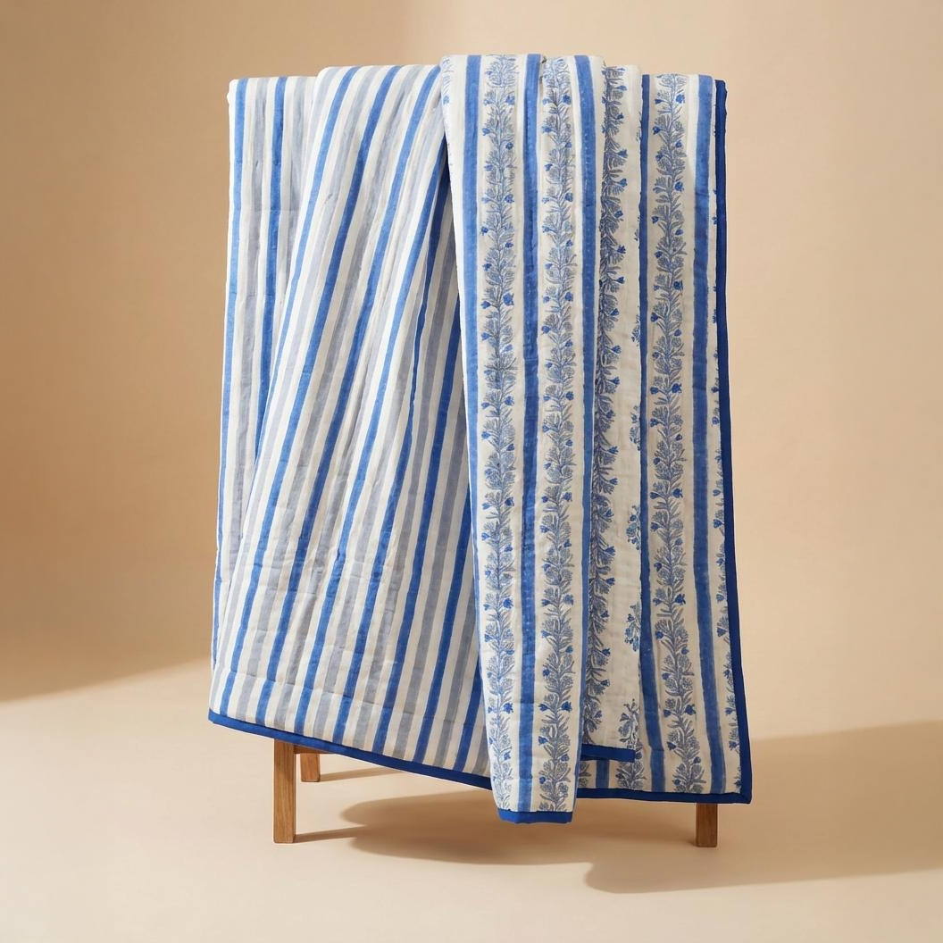 Blue Floral Stripe Bed Quilt