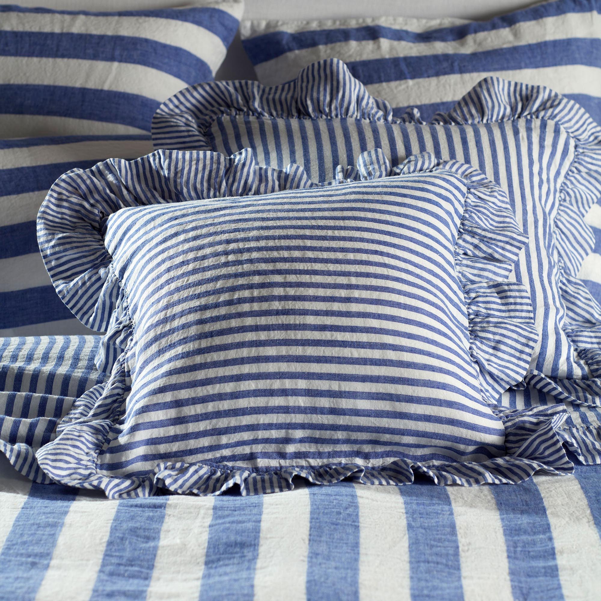 Cobalt Cora Mid Stripe 100% Linen Frill Edge Cushion Cover