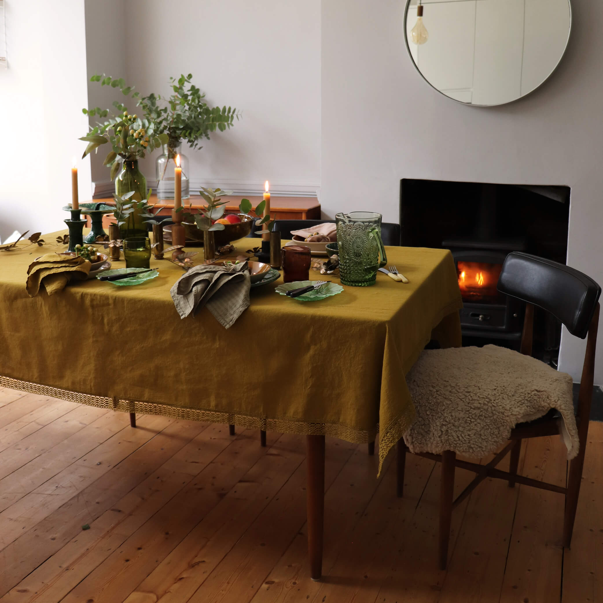 Washed Linen Cotton Tablecloth with Lace edge - Cumin