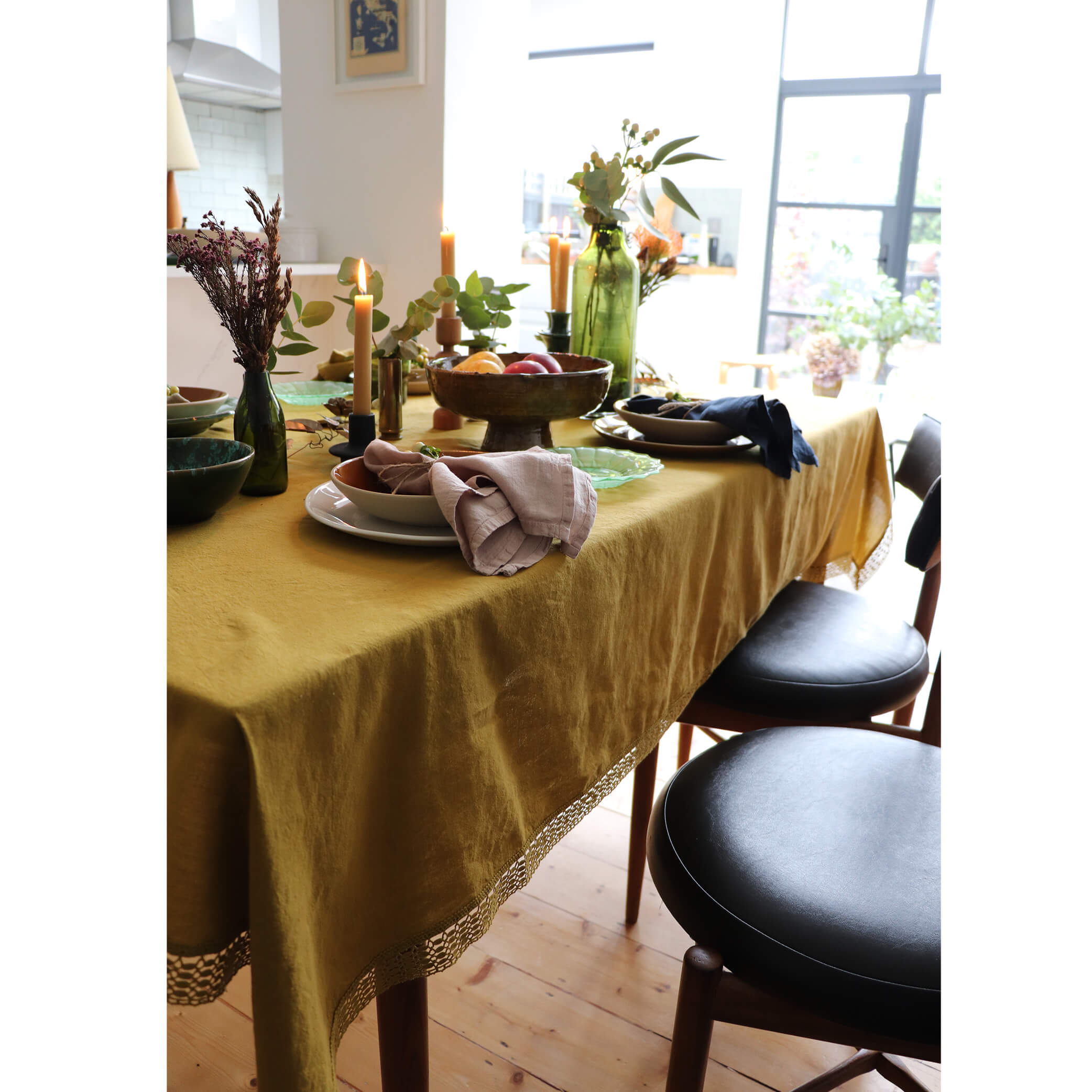 Washed Linen Cotton Tablecloth with Lace edge - Cumin