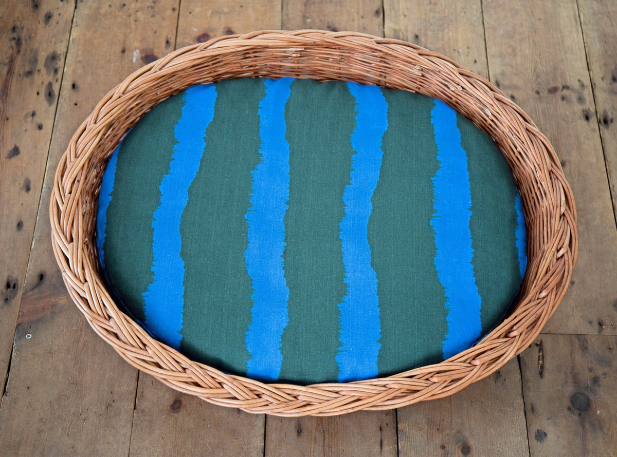 Vintage Dog / Cat pet basket with printed Colbalt stripe linen cushion