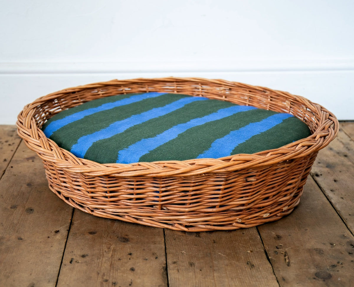 Vintage Dog / Cat pet basket with printed Colbalt stripe linen cushion