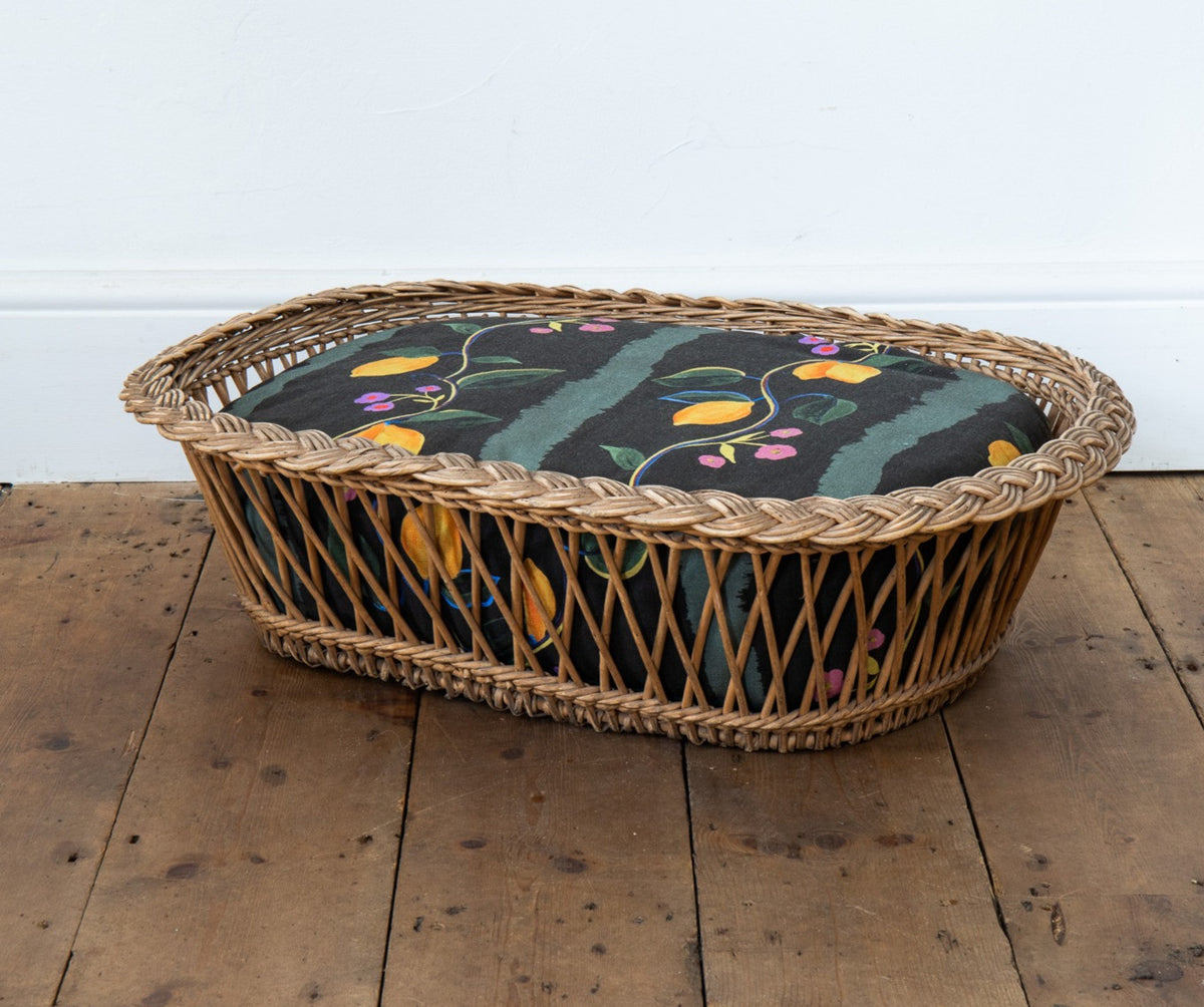 Vintage Dog / Cat pet basket with printed Citrons linen cushion