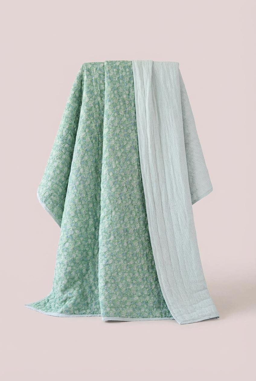 Green Floral and Stripe Bed Quilt